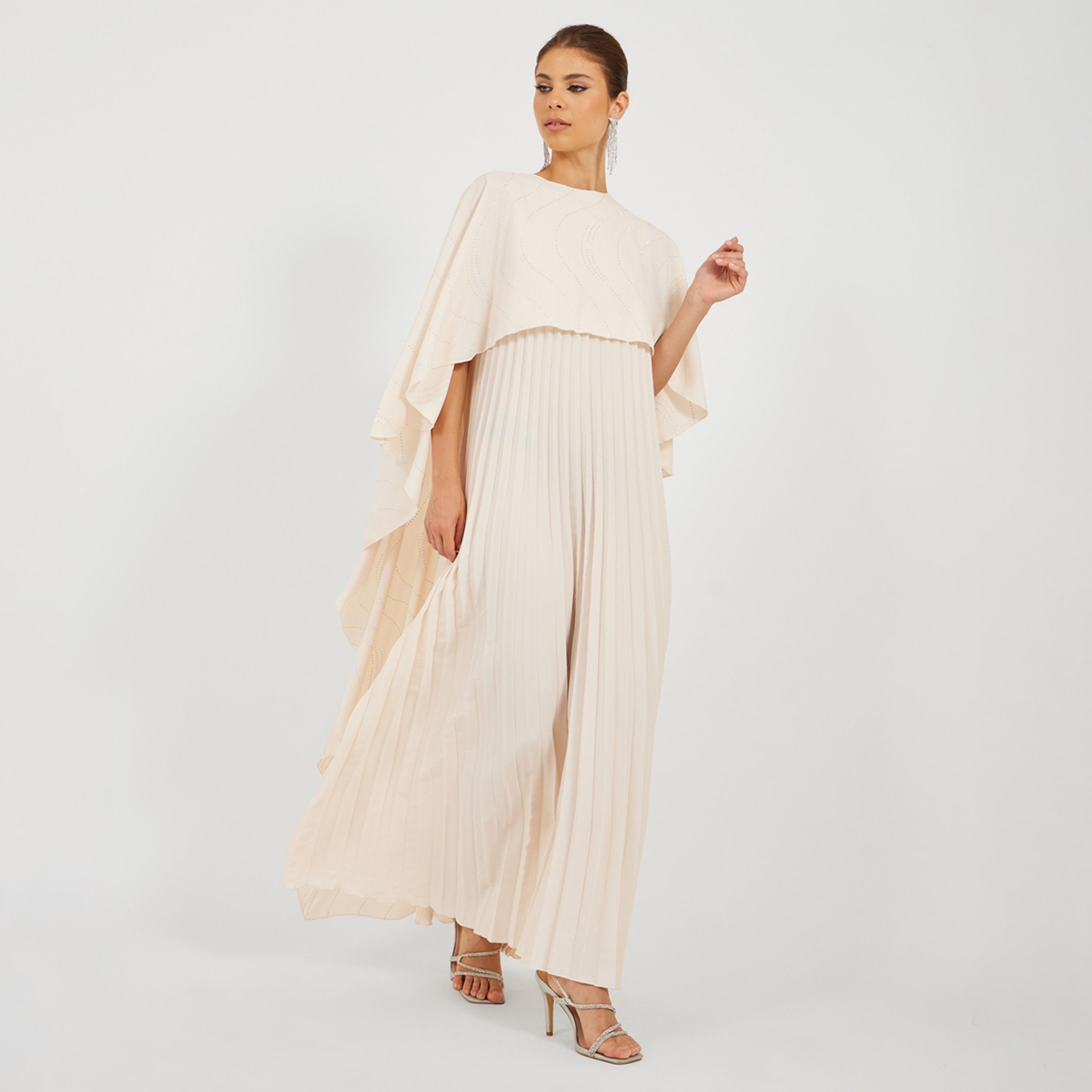 Styli Solid Pleated Cape Sleeve A-Line Maxi Dress-women-clothing-dresses-image-3
