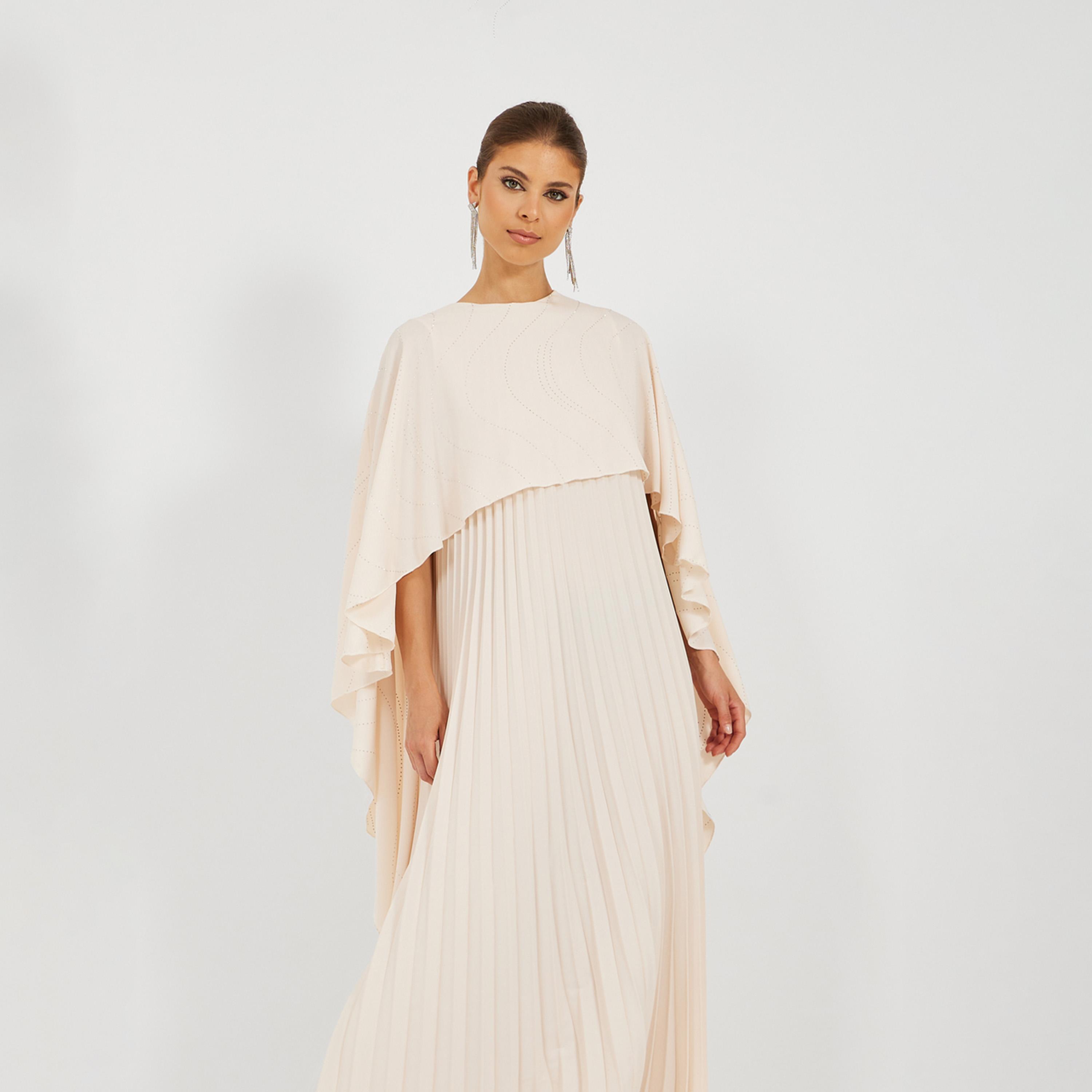 Styli Solid Pleated Cape Sleeve A-Line Maxi Dress-women-clothing-dresses-image-5