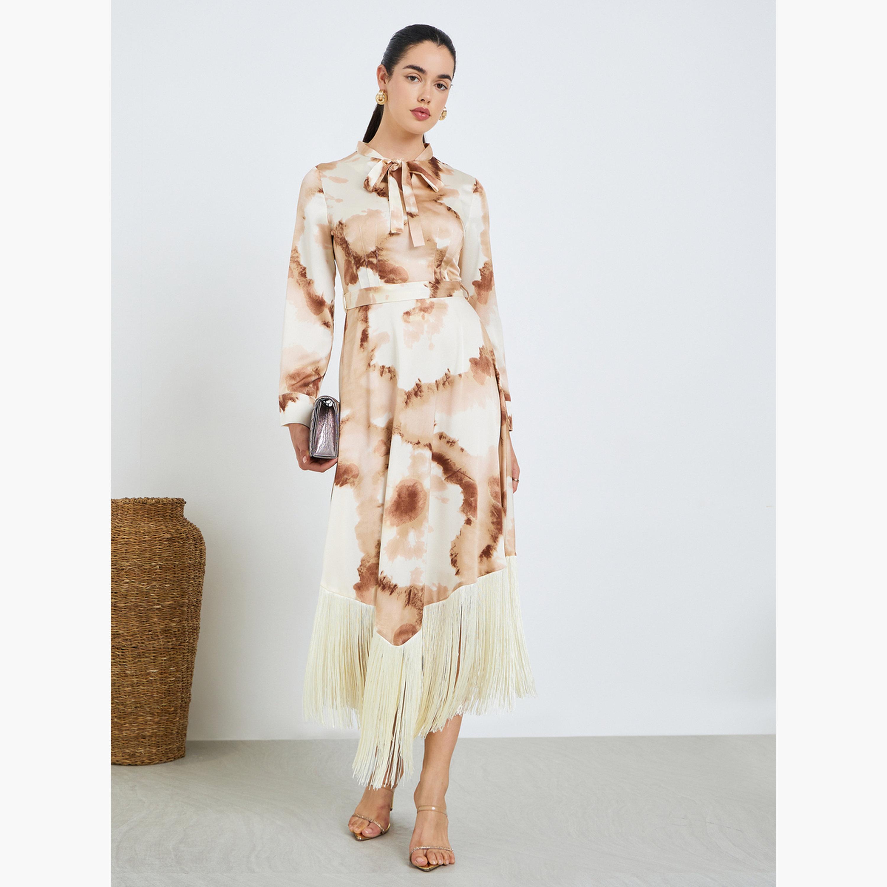 فستان طويل مطبوع بحافة شراشيب للنساء-women-clothing-dresses-image-1