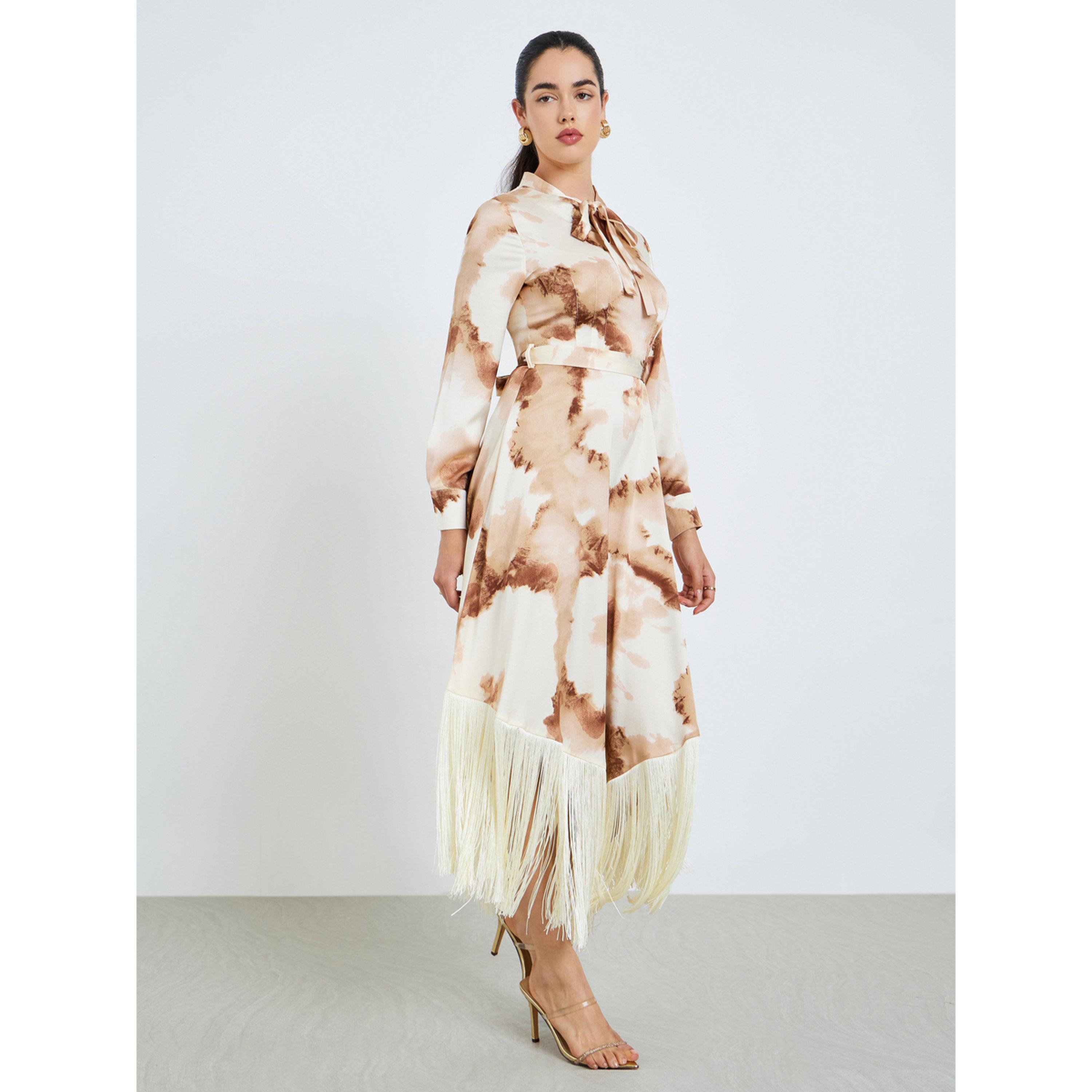 فستان طويل مطبوع بحافة شراشيب للنساء-women-clothing-dresses-image-3