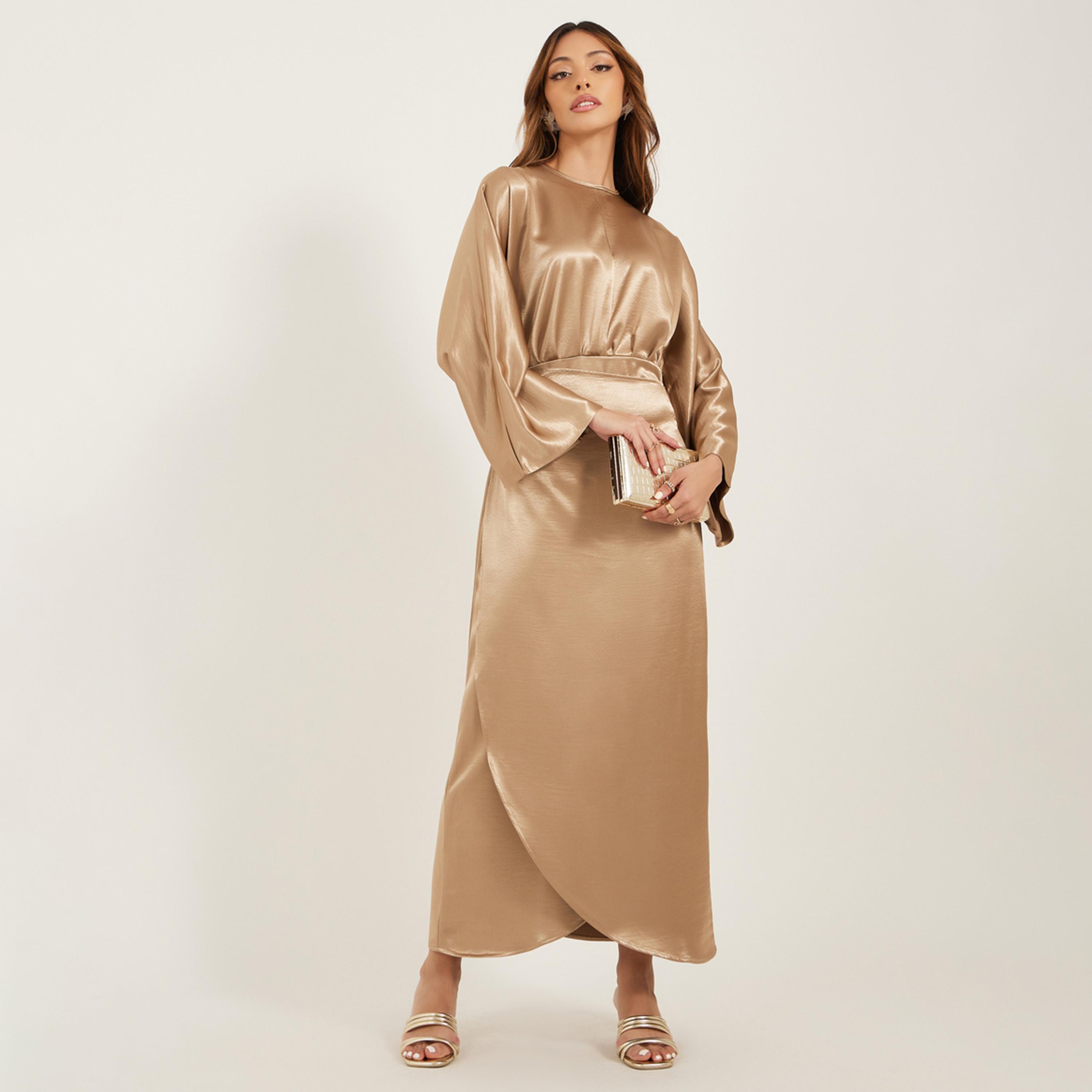 ستايلي - فستان ماكسي ملفوف سادة بأكمام طويلة وقصّة A-women-clothing-dresses-image-1