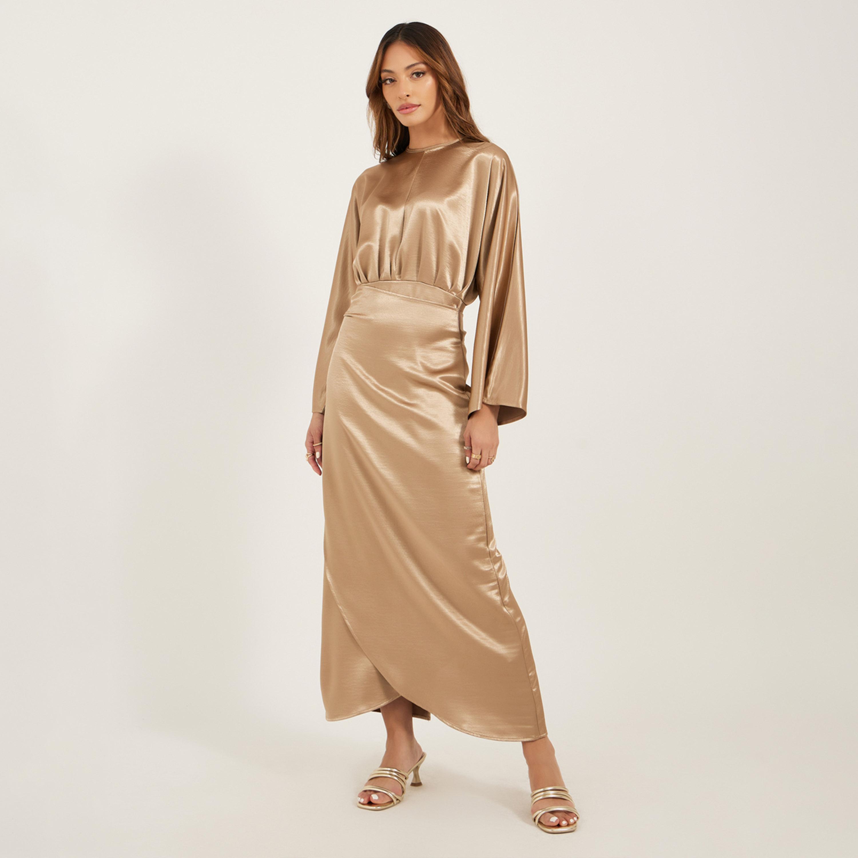 ستايلي - فستان ماكسي ملفوف سادة بأكمام طويلة وقصّة A-women-clothing-dresses-image-2