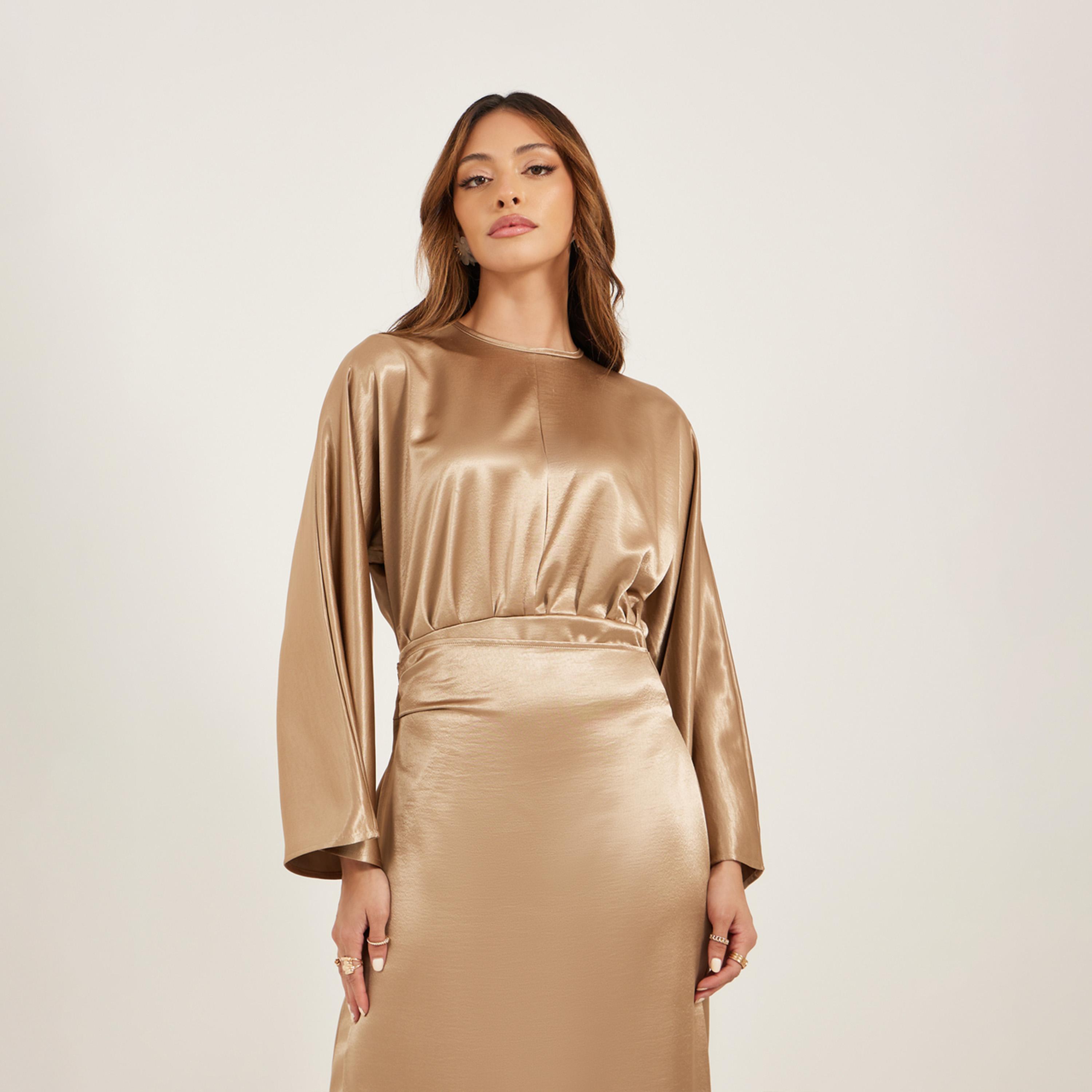 Styli Plain Long Sleeves Wrap Look A-Line Maxi Dress-women-clothing-dresses-image-3