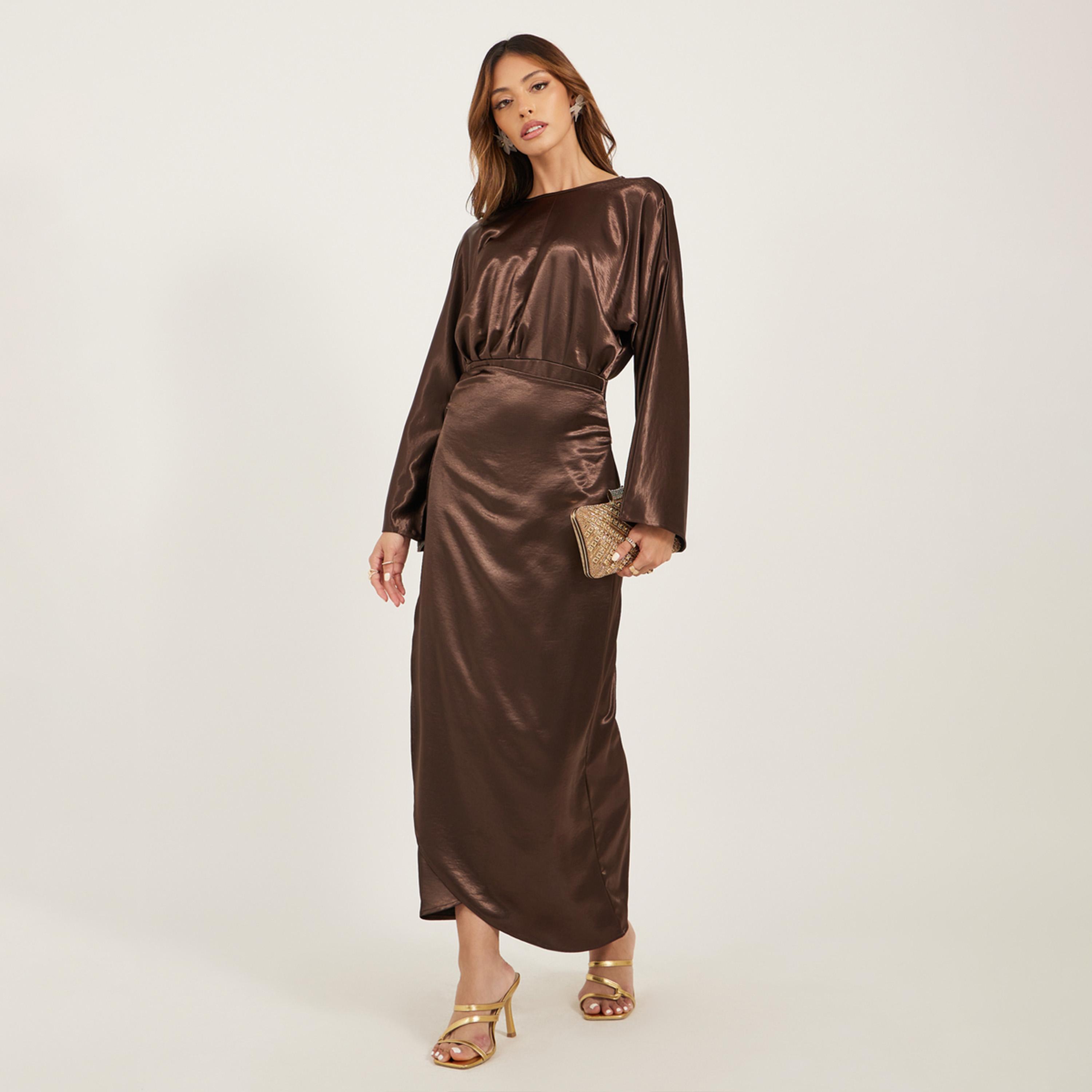 Styli Plain Long Sleeves Wrap Look A-Line Maxi Dress-women-clothing-dresses-image-1