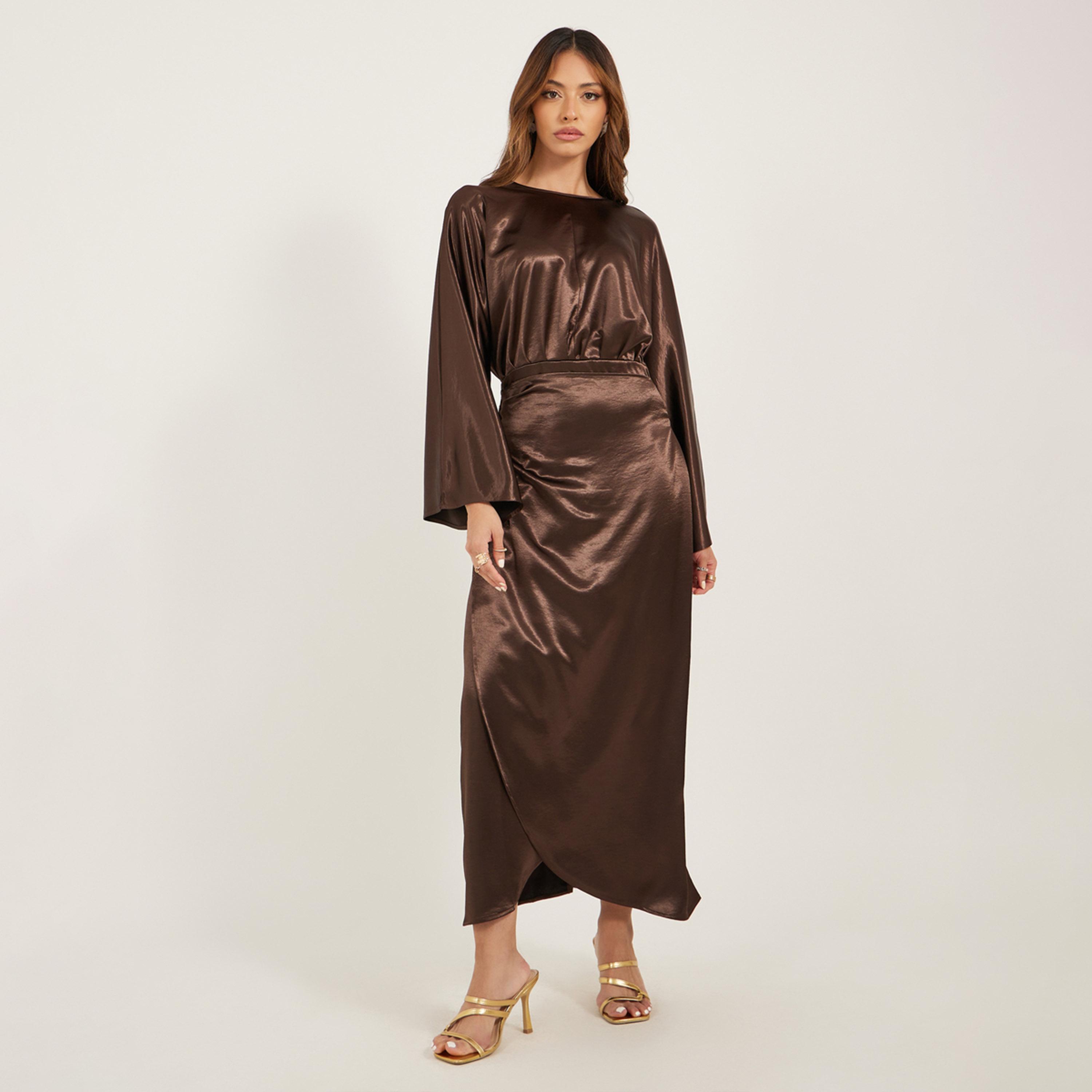 Styli Plain Long Sleeves Wrap Look A-Line Maxi Dress-women-clothing-dresses-image-2