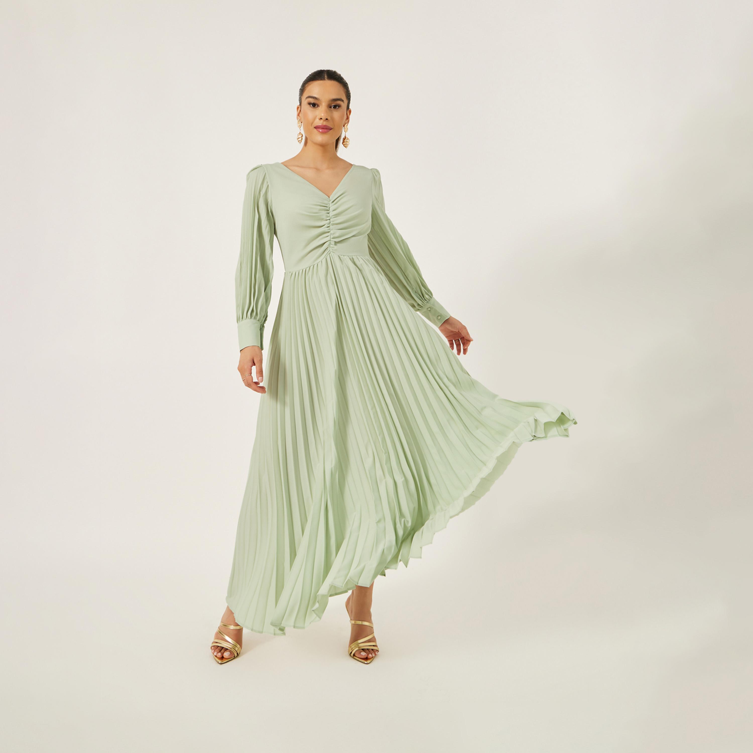 Styli Pleated Balloon Sleeve Ruched Detail A-Line Maxi Dress-women-clothing-dresses-image-1