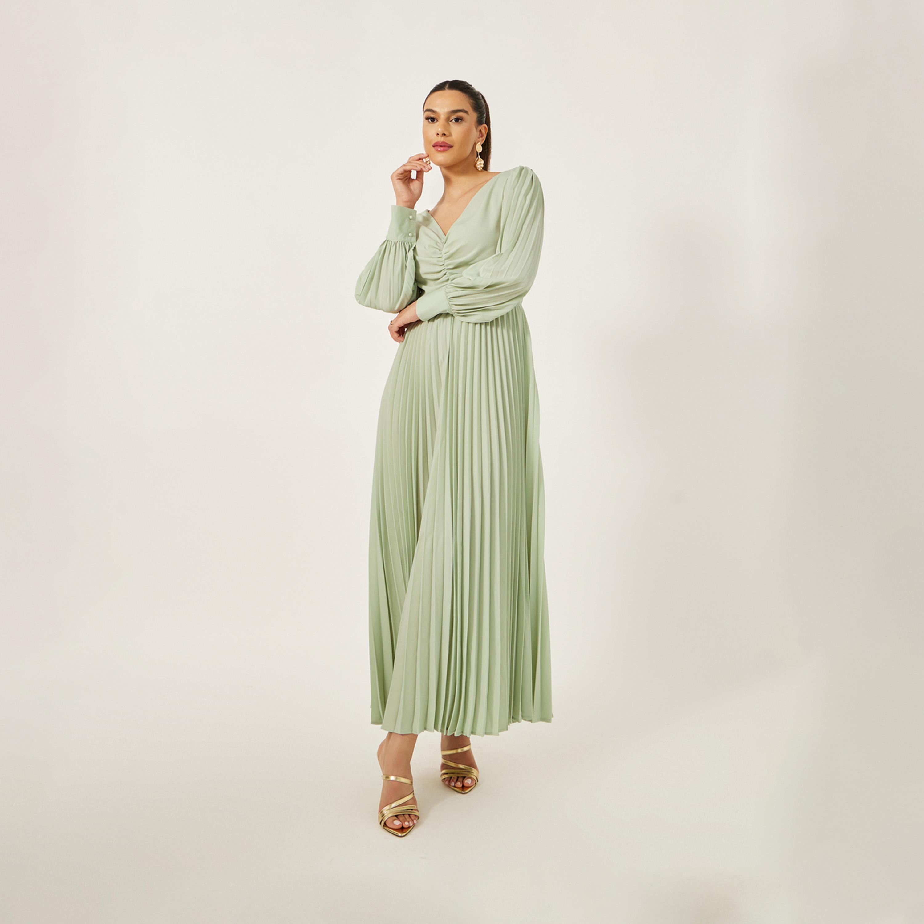 Styli Pleated Balloon Sleeve Ruched Detail A-Line Maxi Dress-women-clothing-dresses-image-2