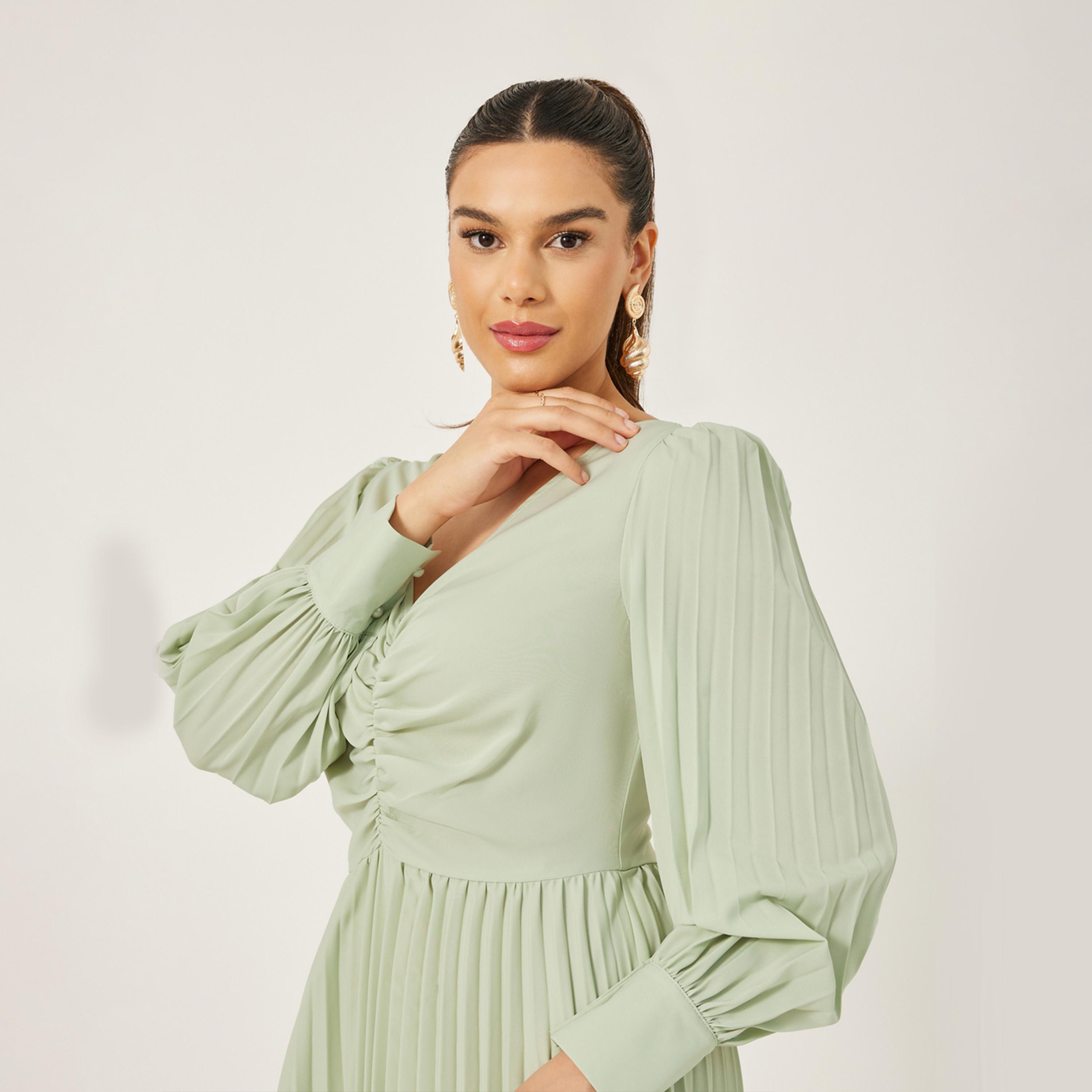 ستايلي - فستان ماكسي بقصّة A وأكمام منفوخة ومزين بكشكشة-women-clothing-dresses-image-4