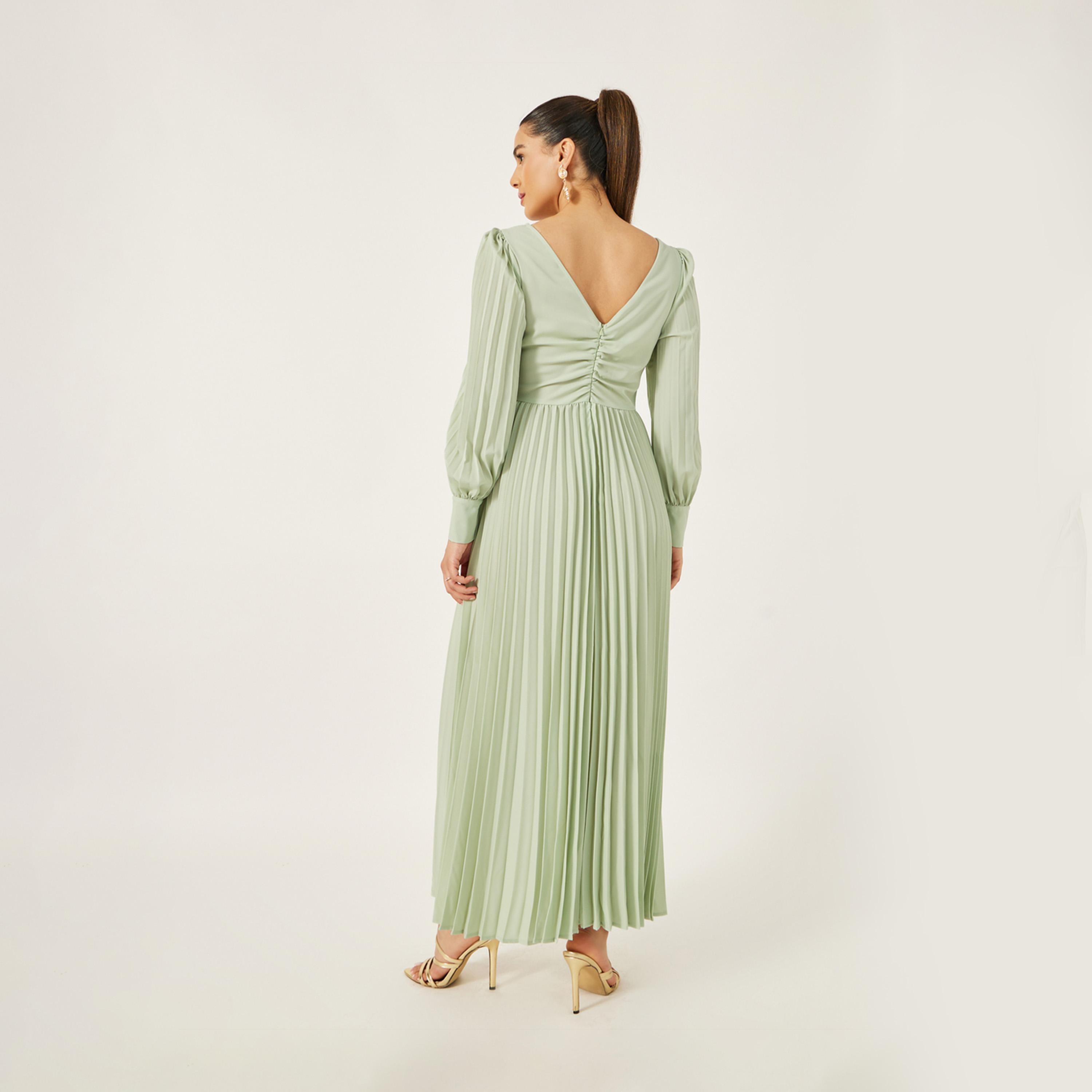 Styli Pleated Balloon Sleeve Ruched Detail A-Line Maxi Dress-women-clothing-dresses-image-5