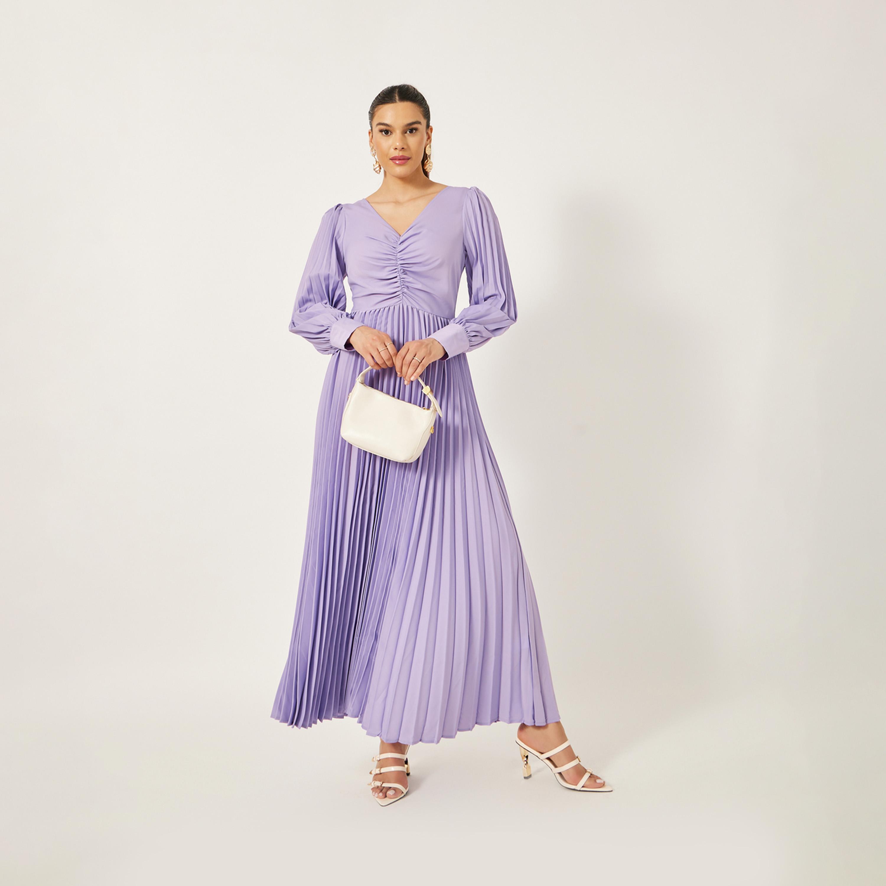 Styli Pleated Balloon Sleeve Ruched Detail A-Line Maxi Dress-women-clothing-dresses-image-2