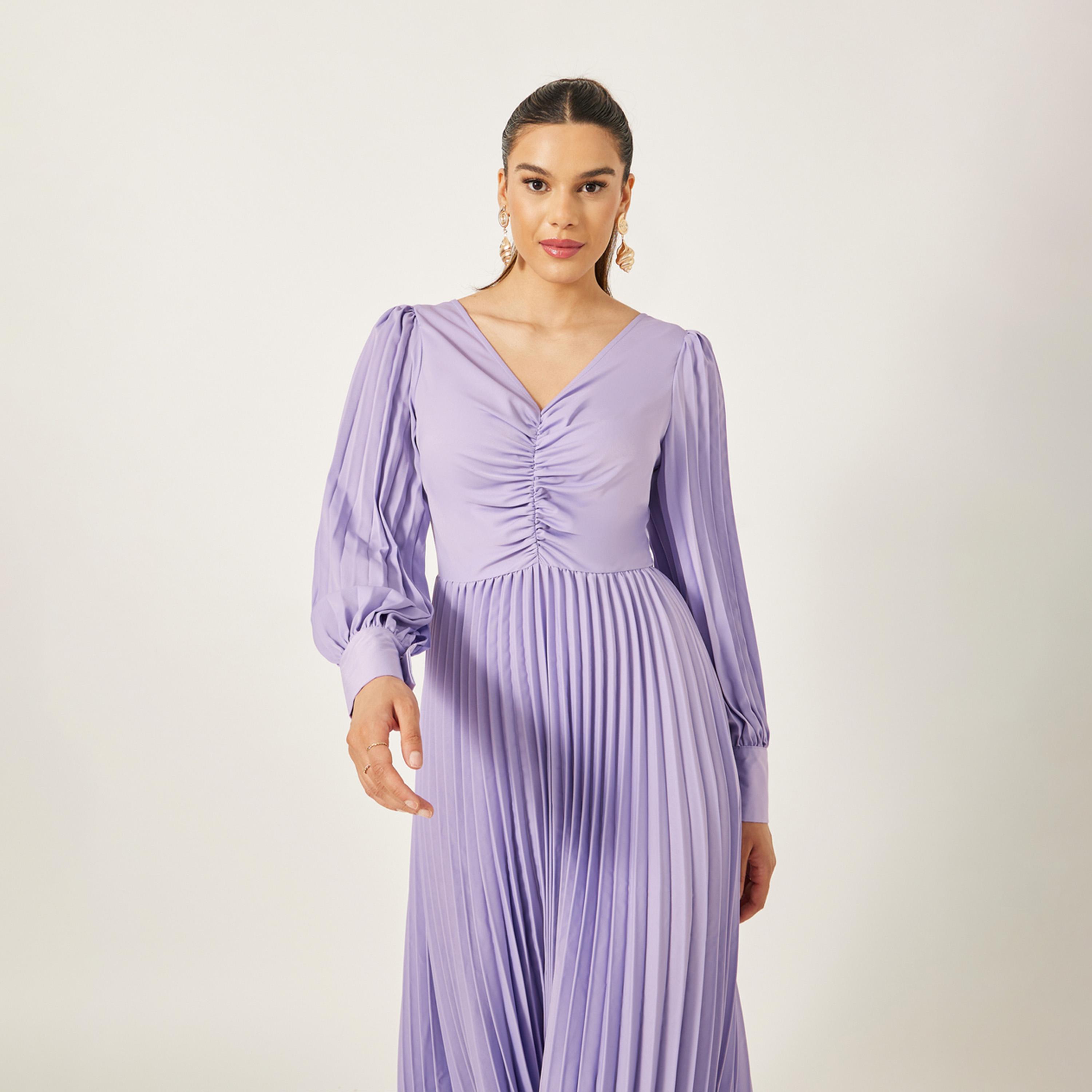 Styli Pleated Balloon Sleeve Ruched Detail A-Line Maxi Dress-women-clothing-dresses-image-4