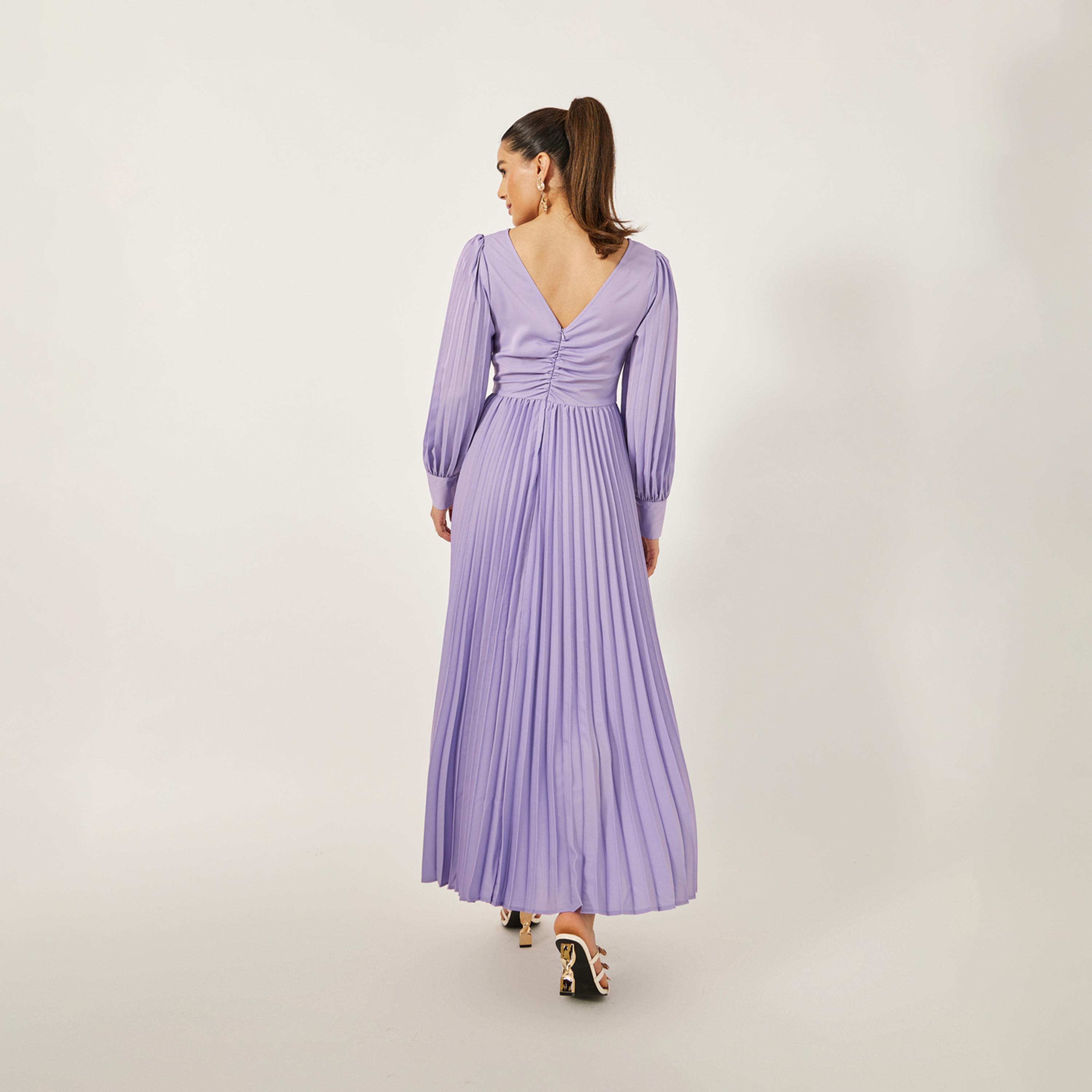 Styli Pleated Balloon Sleeve Ruched Detail A-Line Maxi Dress-women-clothing-dresses-image-6