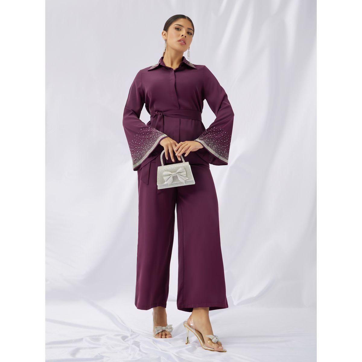طقم منسق من بنطال بأرجل مستقيمة وبلوزة بحزام خصر-women-clothing-coordsets-image-1