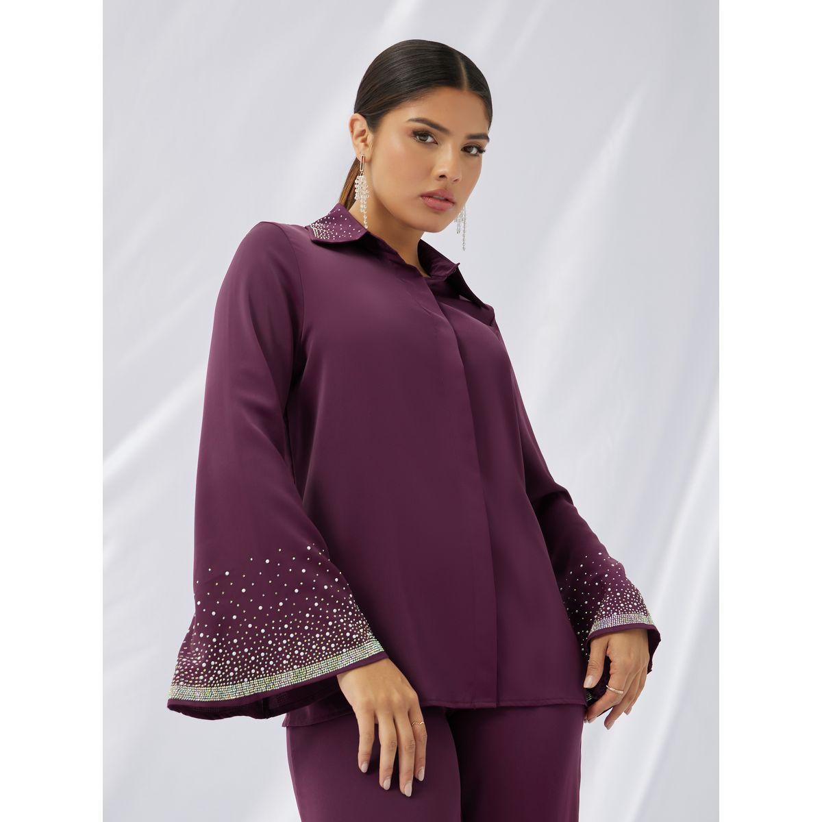 طقم منسق من بنطال بأرجل مستقيمة وبلوزة بحزام خصر-women-clothing-coordsets-image-2