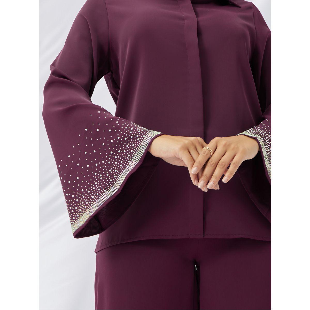 طقم منسق من بنطال بأرجل مستقيمة وبلوزة بحزام خصر-women-clothing-coordsets-image-3