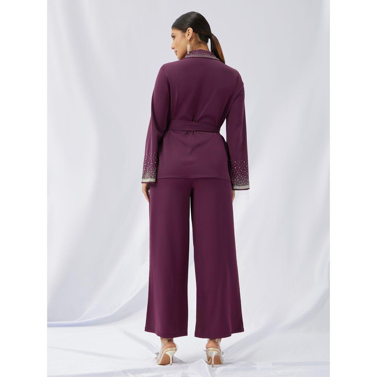 طقم منسق من بنطال بأرجل مستقيمة وبلوزة بحزام خصر-women-clothing-coordsets-image-6