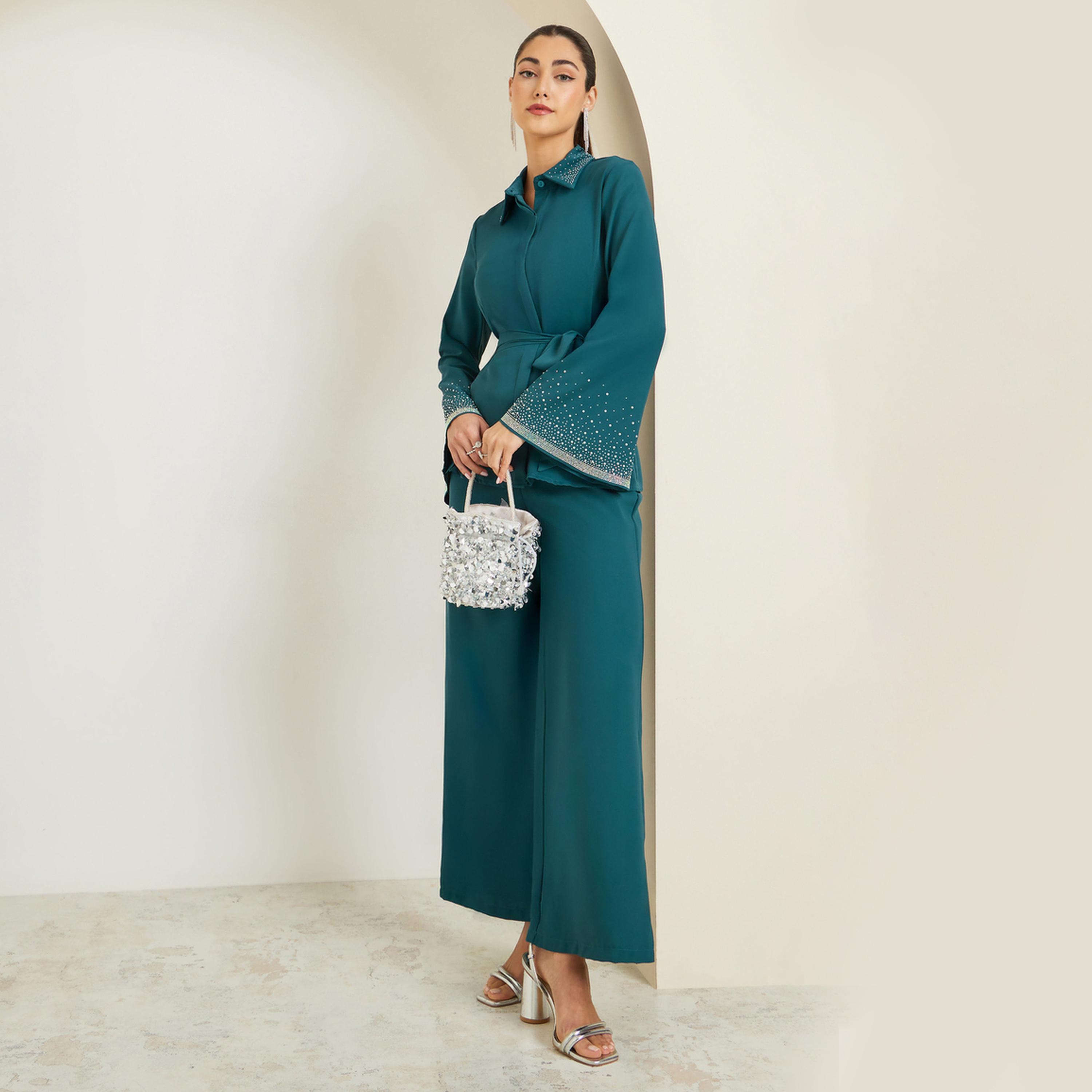 Styli Teal Embellished Shirt and Trousers Co-Ords-women-clothing-coordsets-image-1