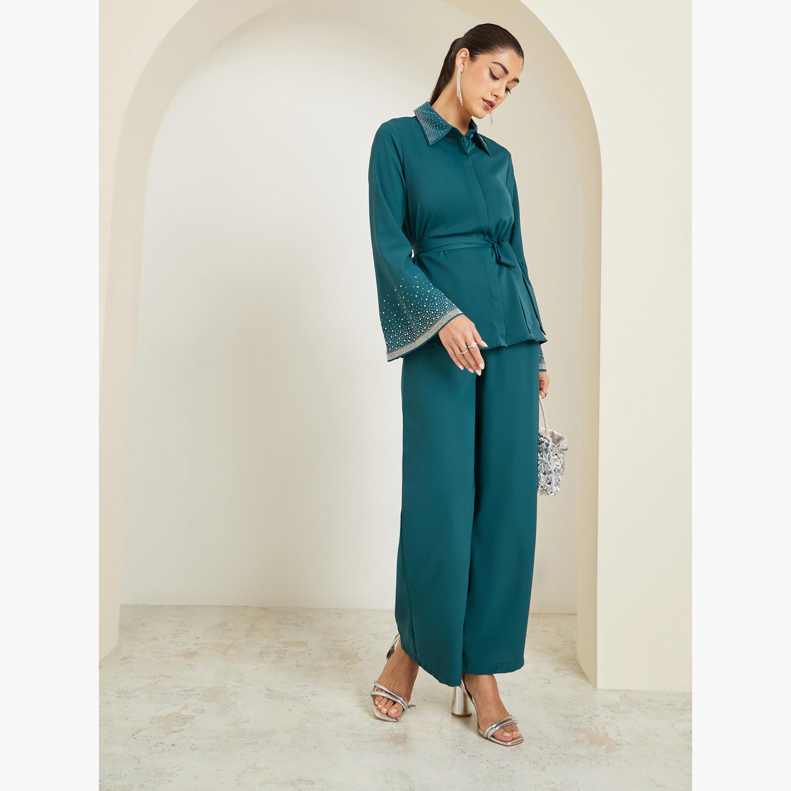 Styli Teal Embellished Shirt and Trousers Co-Ords-women-clothing-coordsets-image-2
