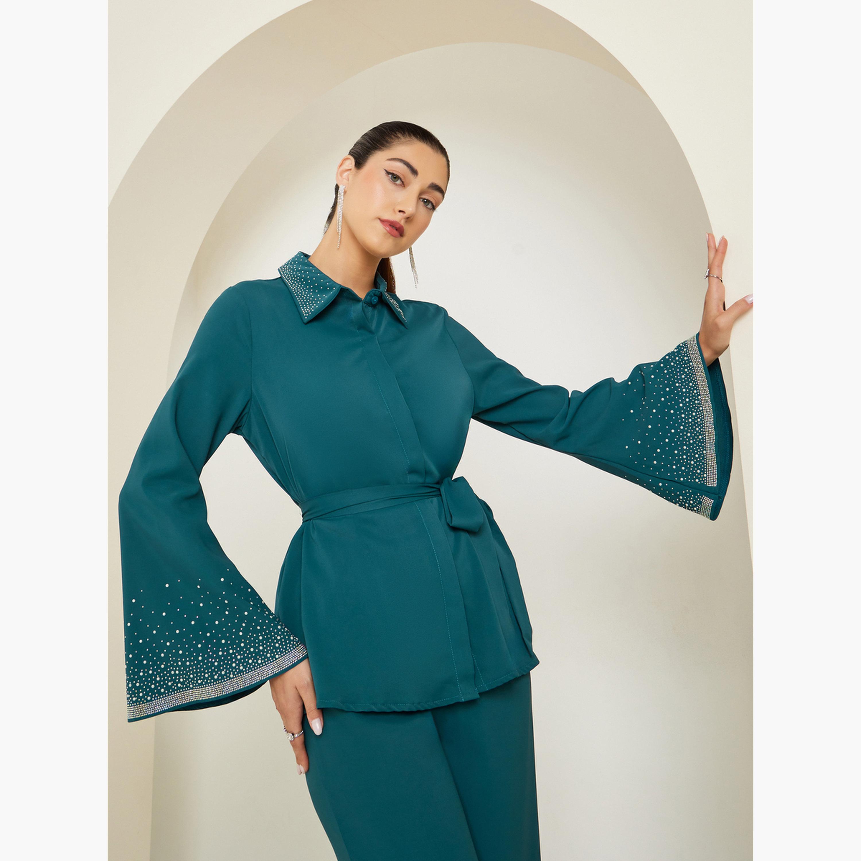 ستايلي - طقم قميص وبنطال مزين باللون الأزرق المخضر-women-clothing-coordsets-image-3
