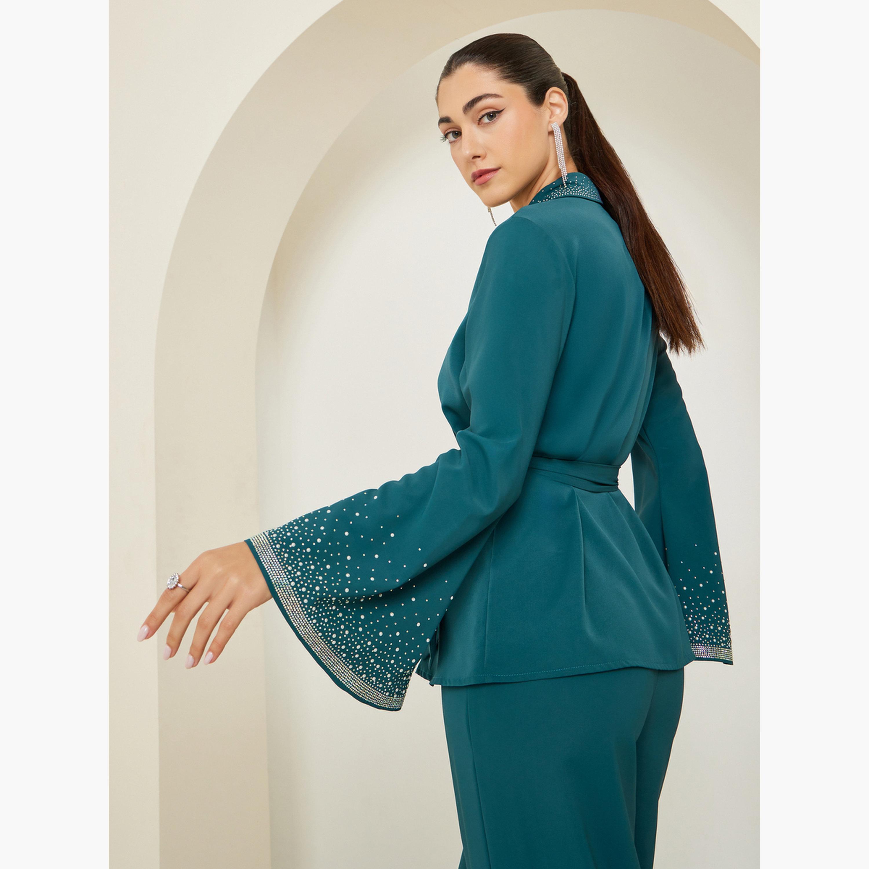 ستايلي - طقم قميص وبنطال مزين باللون الأزرق المخضر-women-clothing-coordsets-image-4
