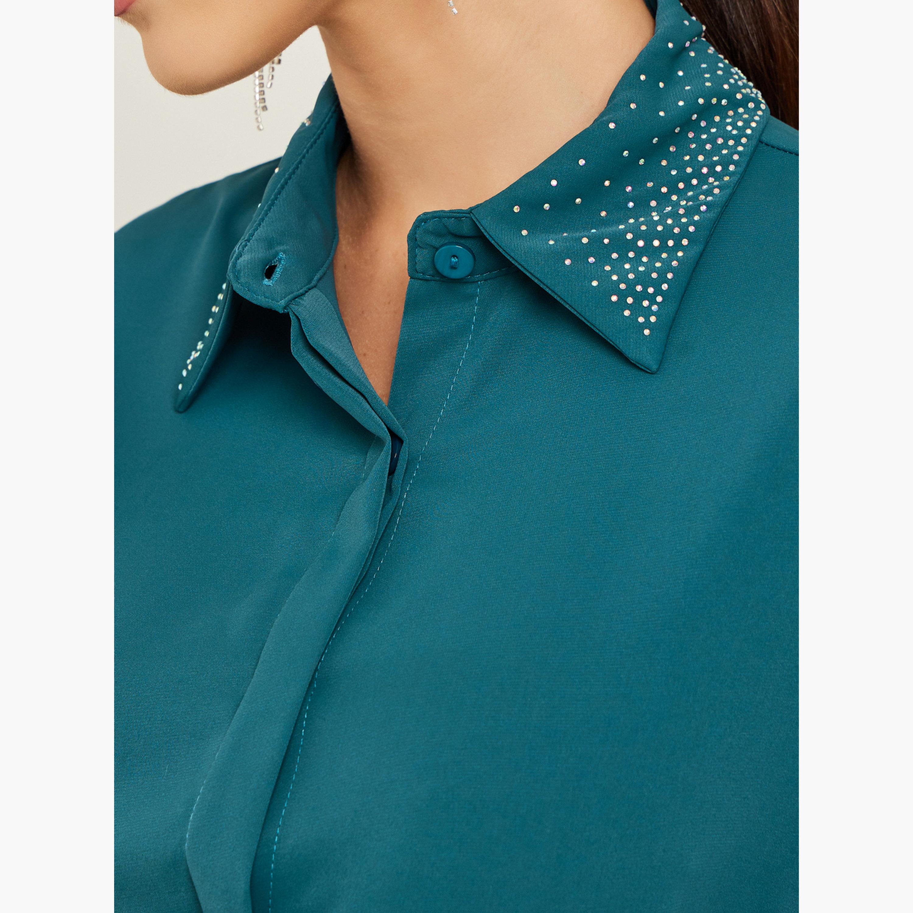 ستايلي - طقم قميص وبنطال مزين باللون الأزرق المخضر-women-clothing-coordsets-image-5