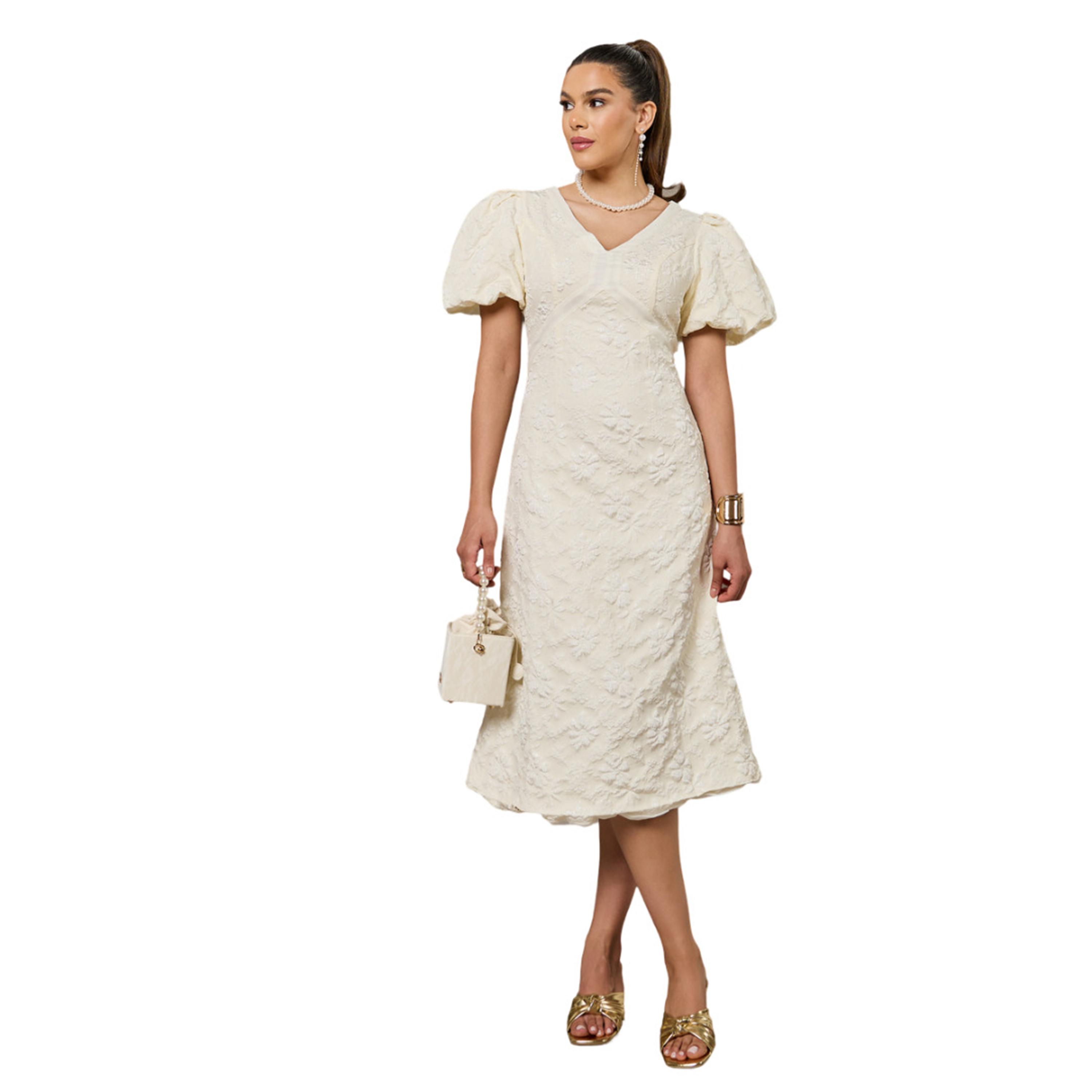 ستايلي - فستان ميدي بأكمام منتفخة ومزين بالورود-women-clothing-dresses-image-1