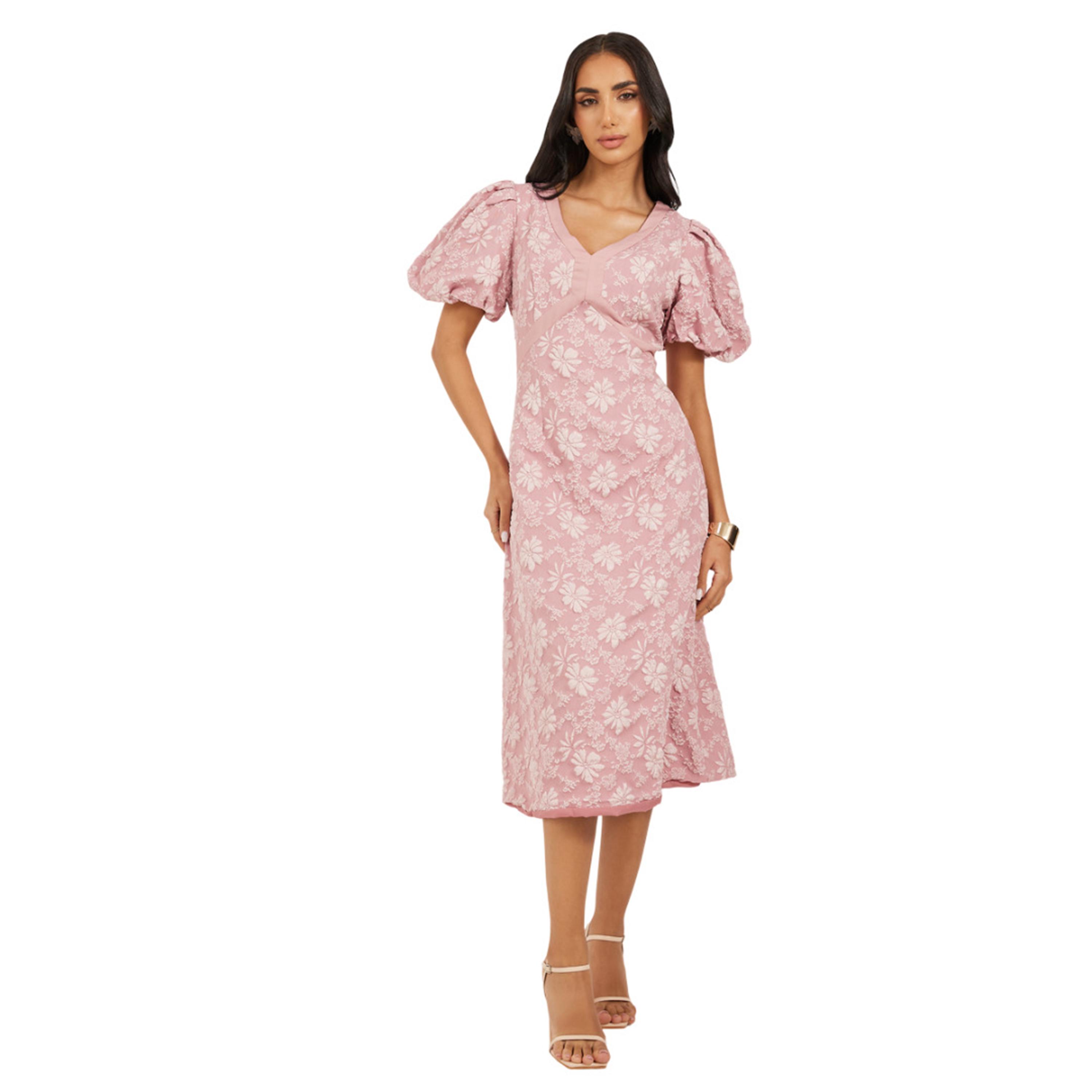 ستايلي - فستان ميدي بأكمام منتفخة ومزين بالورود-women-clothing-dresses-image-1