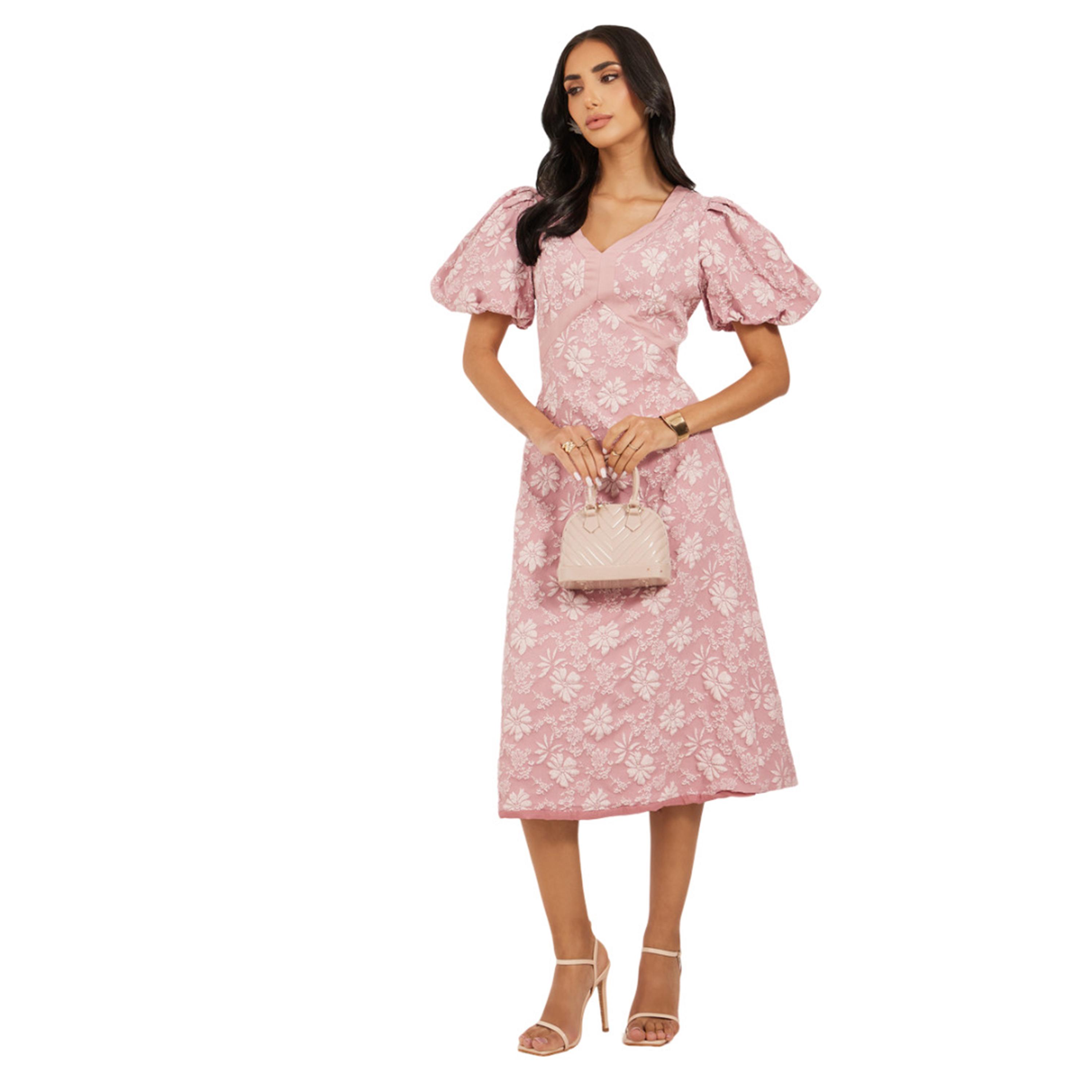 ستايلي - فستان ميدي بأكمام منتفخة ومزين بالورود-women-clothing-dresses-image-2