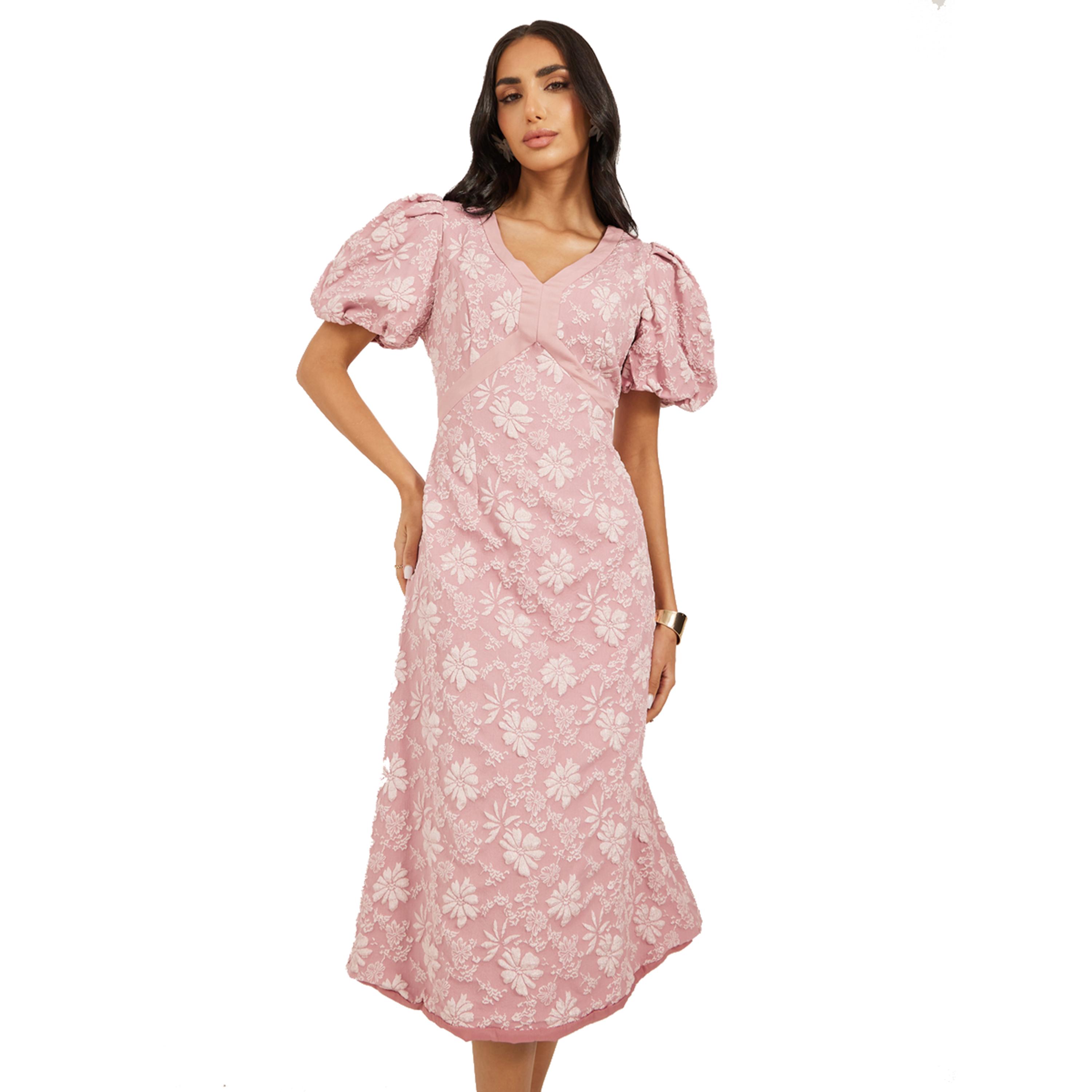 ستايلي - فستان ميدي بأكمام منتفخة ومزين بالورود-women-clothing-dresses-image-3