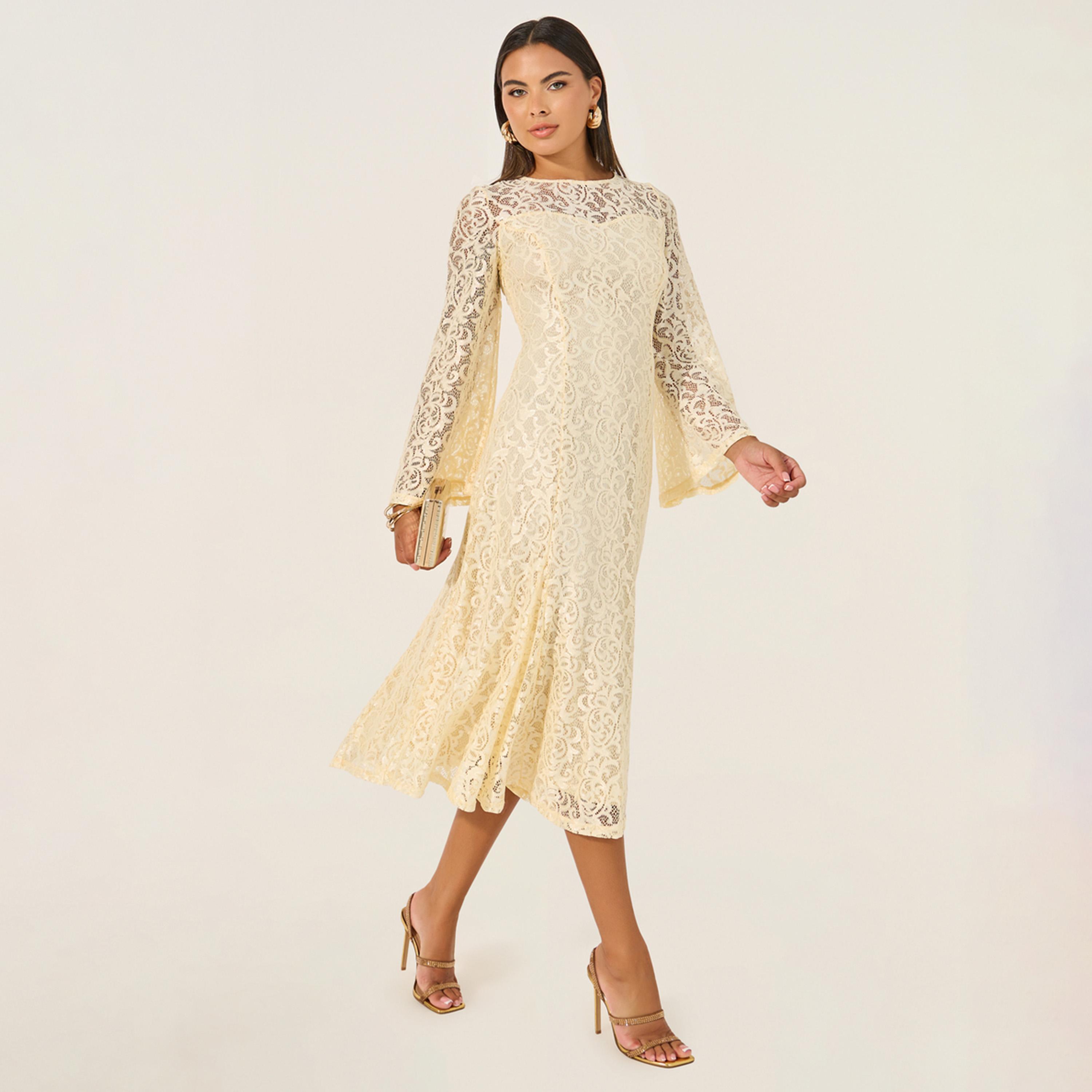 ستايلي - فستان ميدي سادة بأكمام جرس من الدانتيل-women-clothing-dresses-image-1