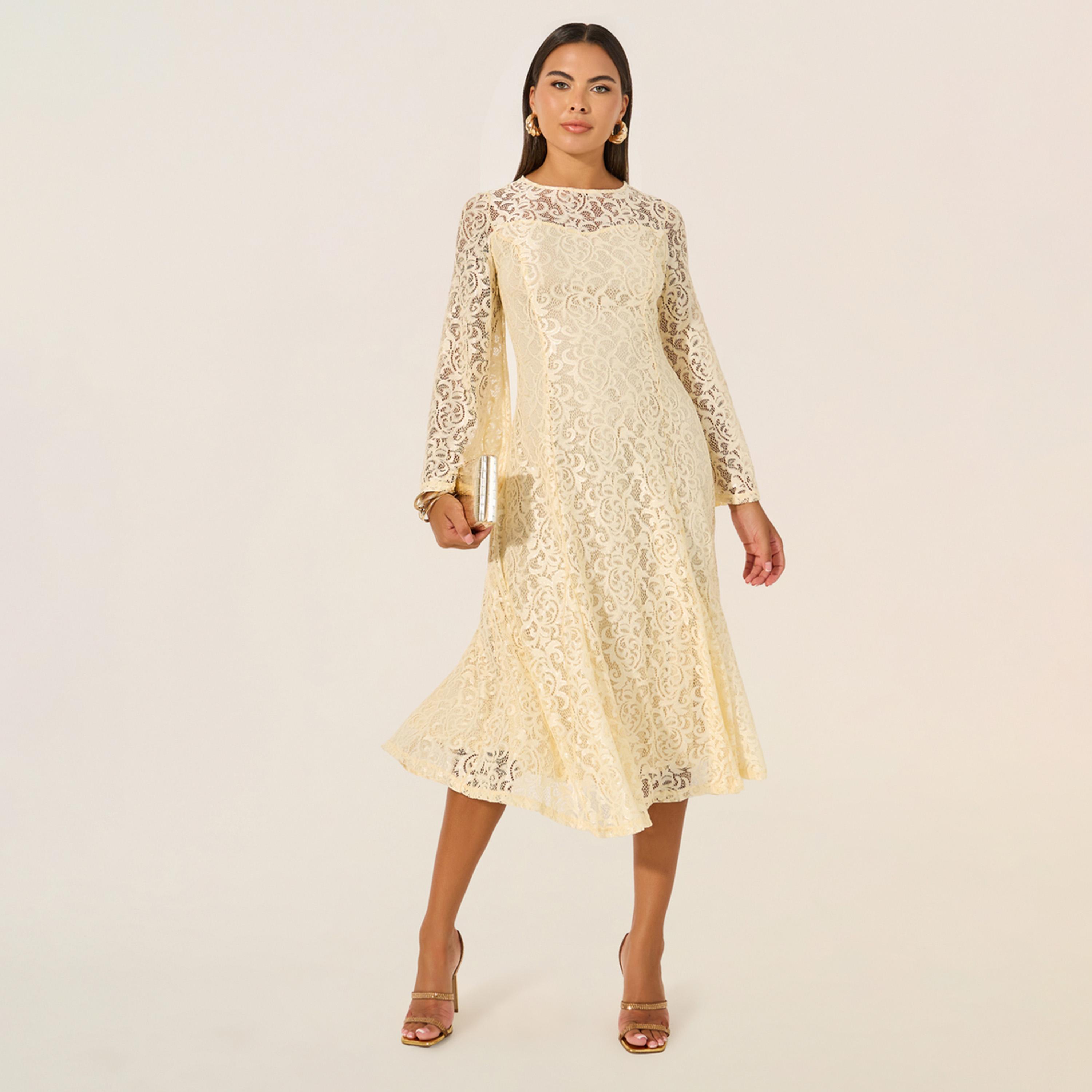 ستايلي - فستان ميدي سادة بأكمام جرس من الدانتيل-women-clothing-dresses-image-2
