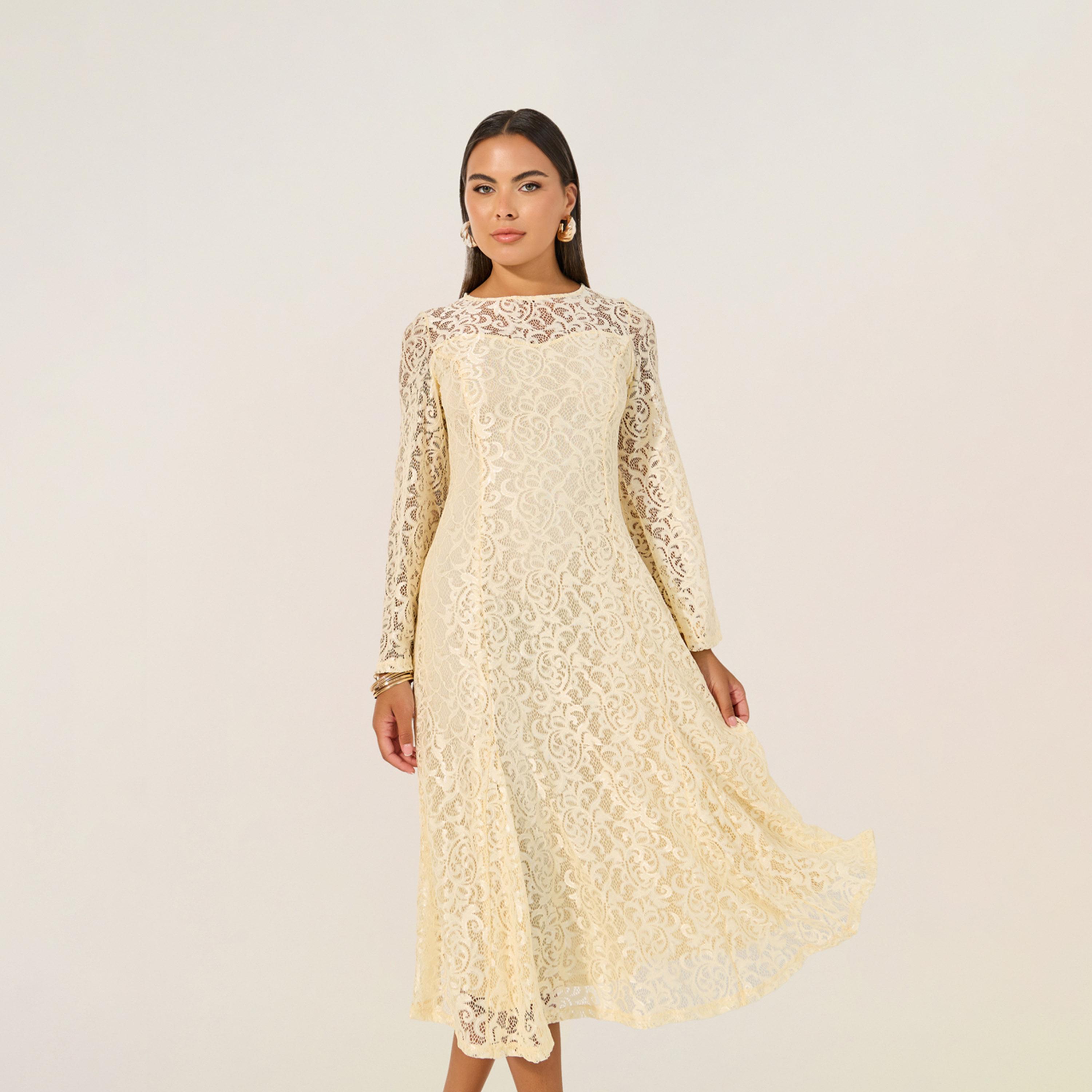 Styli Solid Lace Bell Sleeves A-Line Midi Dress-women-clothing-dresses-image-3