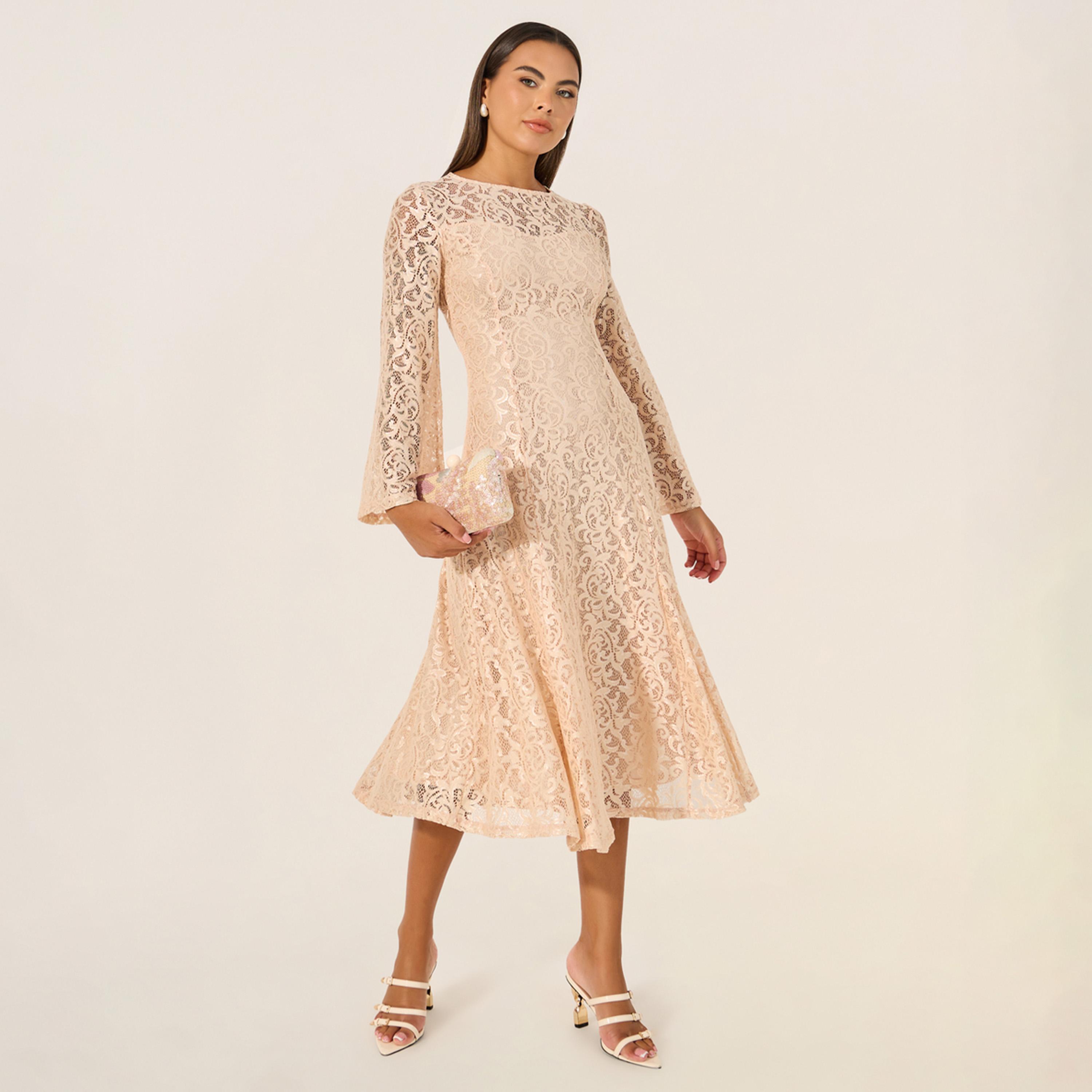 ستايلي - فستان ميدي سادة بأكمام جرس من الدانتيل-women-clothing-dresses-image-1