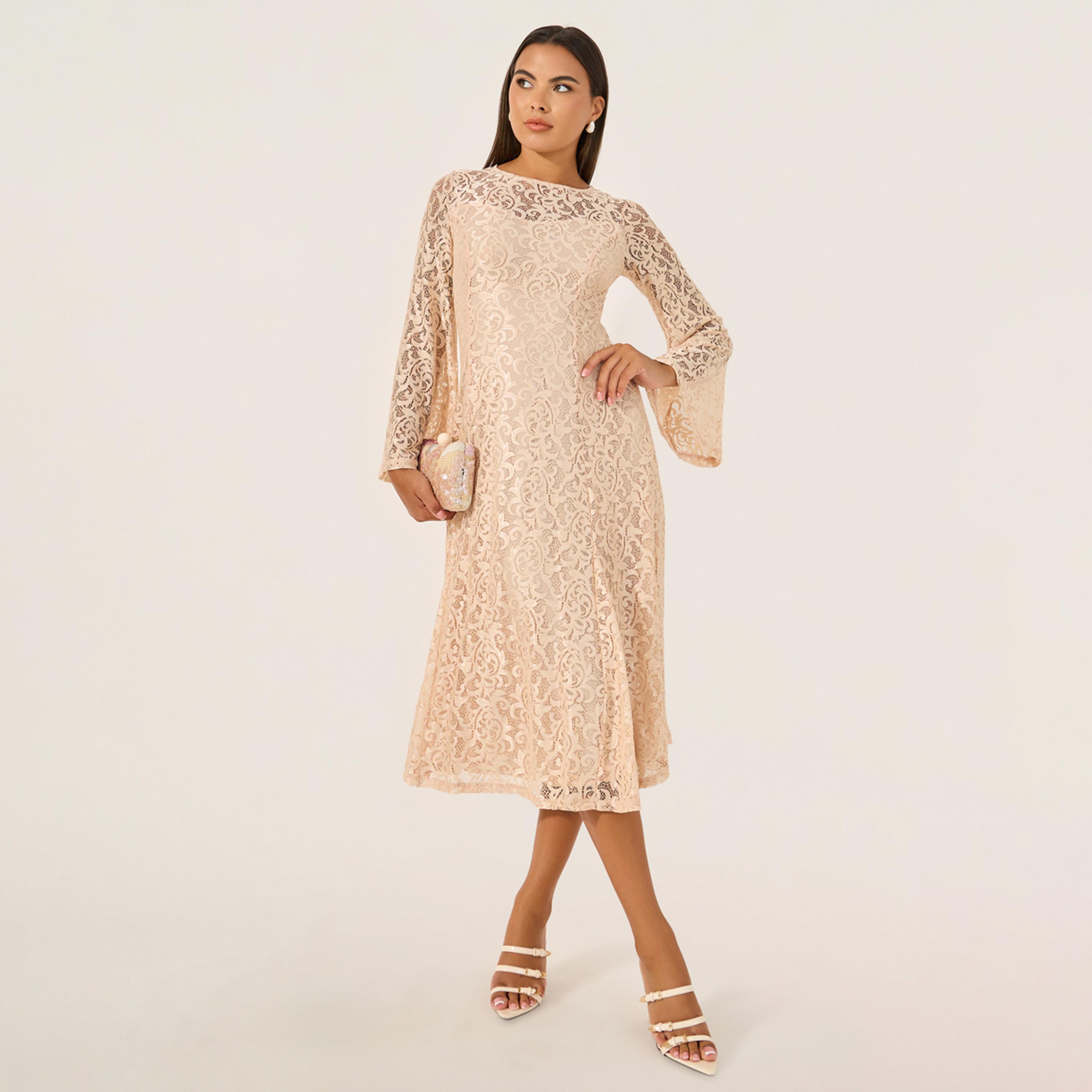 ستايلي - فستان ميدي سادة بأكمام جرس من الدانتيل-women-clothing-dresses-image-2