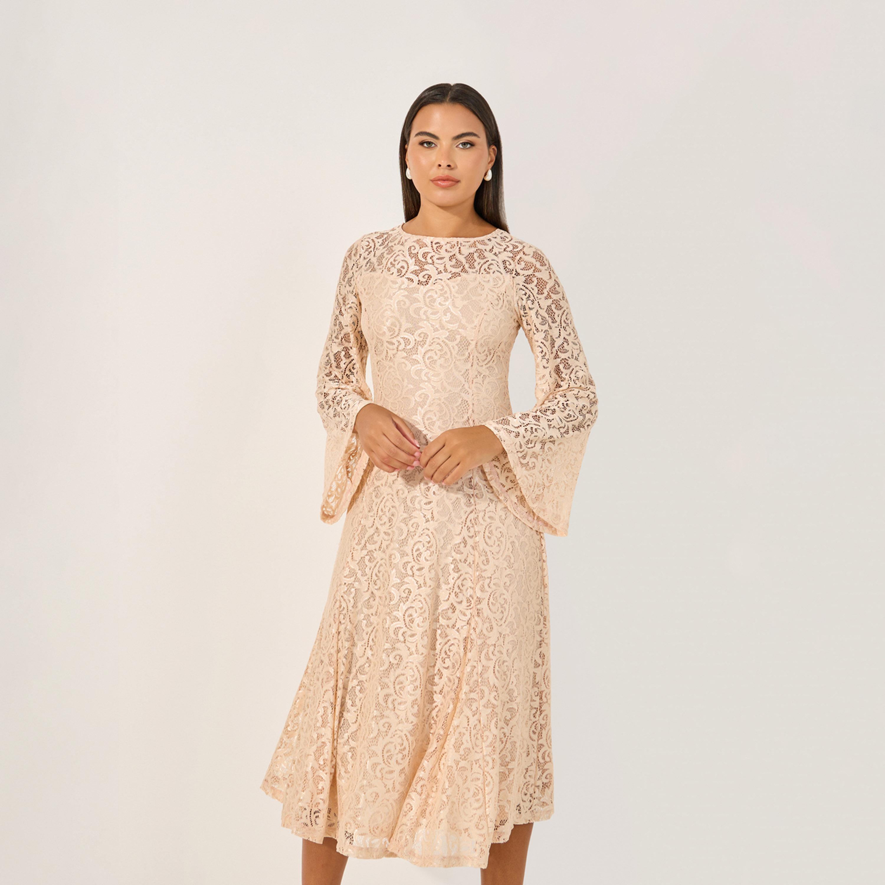 ستايلي - فستان ميدي سادة بأكمام جرس من الدانتيل-women-clothing-dresses-image-3
