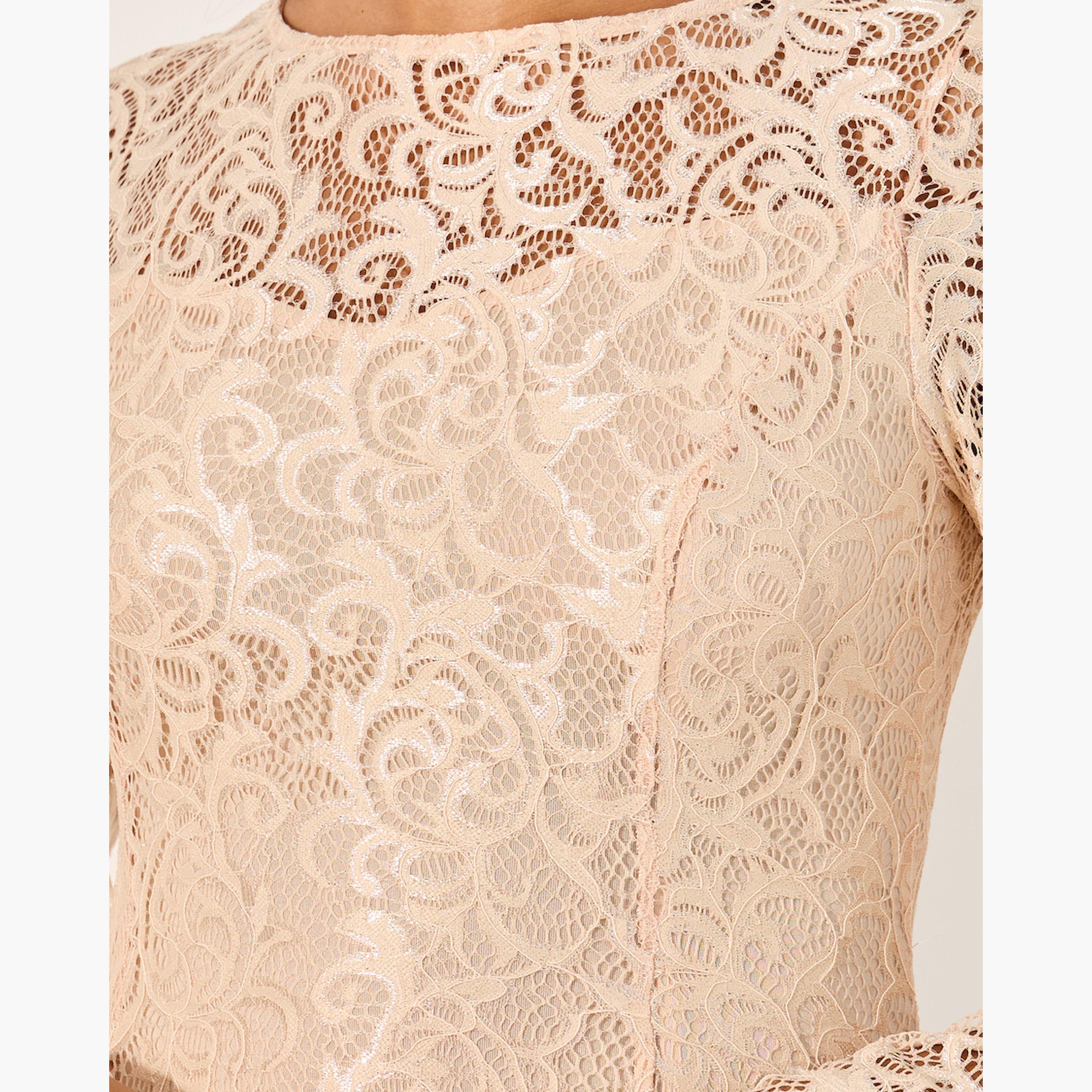 ستايلي - فستان ميدي سادة بأكمام جرس من الدانتيل-women-clothing-dresses-image-4