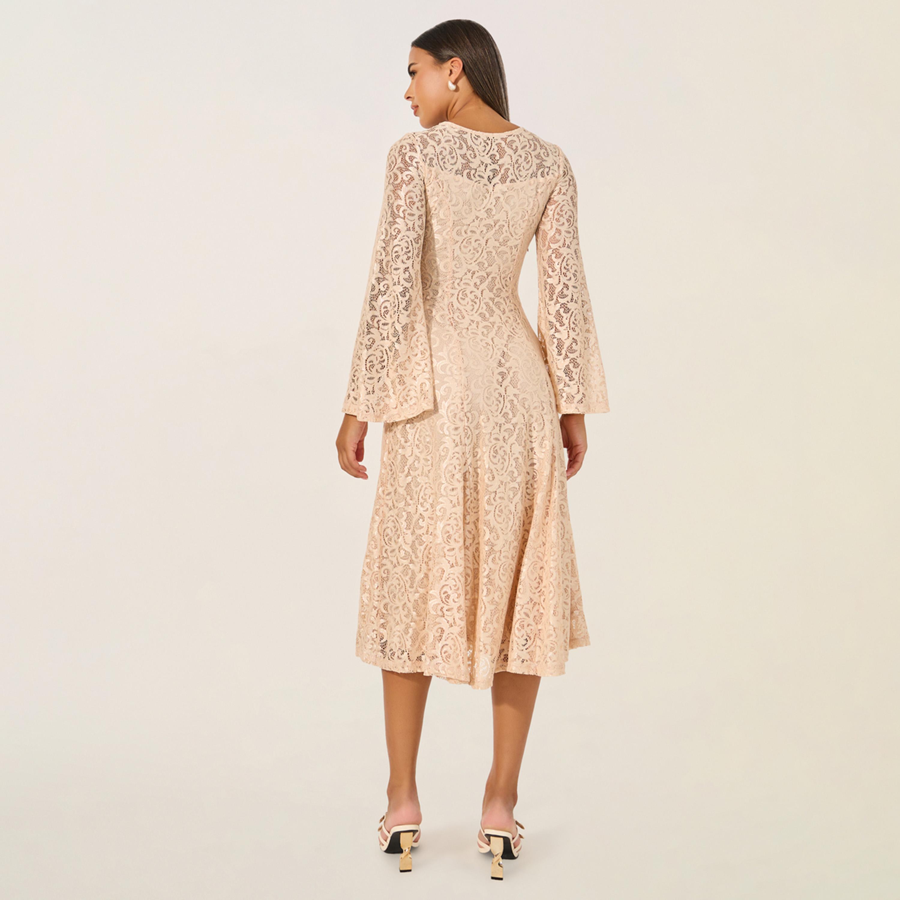 ستايلي - فستان ميدي سادة بأكمام جرس من الدانتيل-women-clothing-dresses-image-5