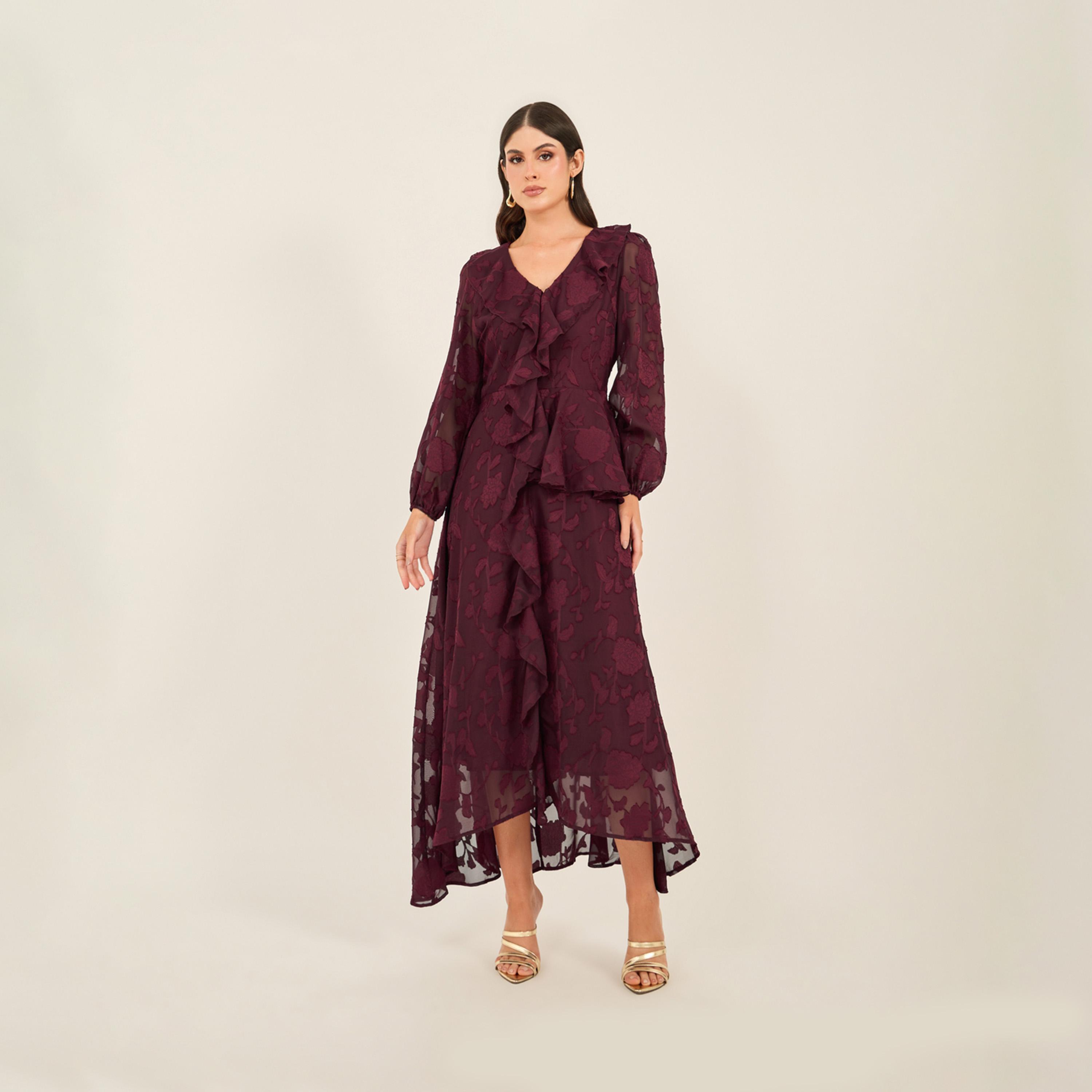 Styli Textured Ruffled Lace Detail A-Line Maxi Dress-women-clothing-dresses-image-1