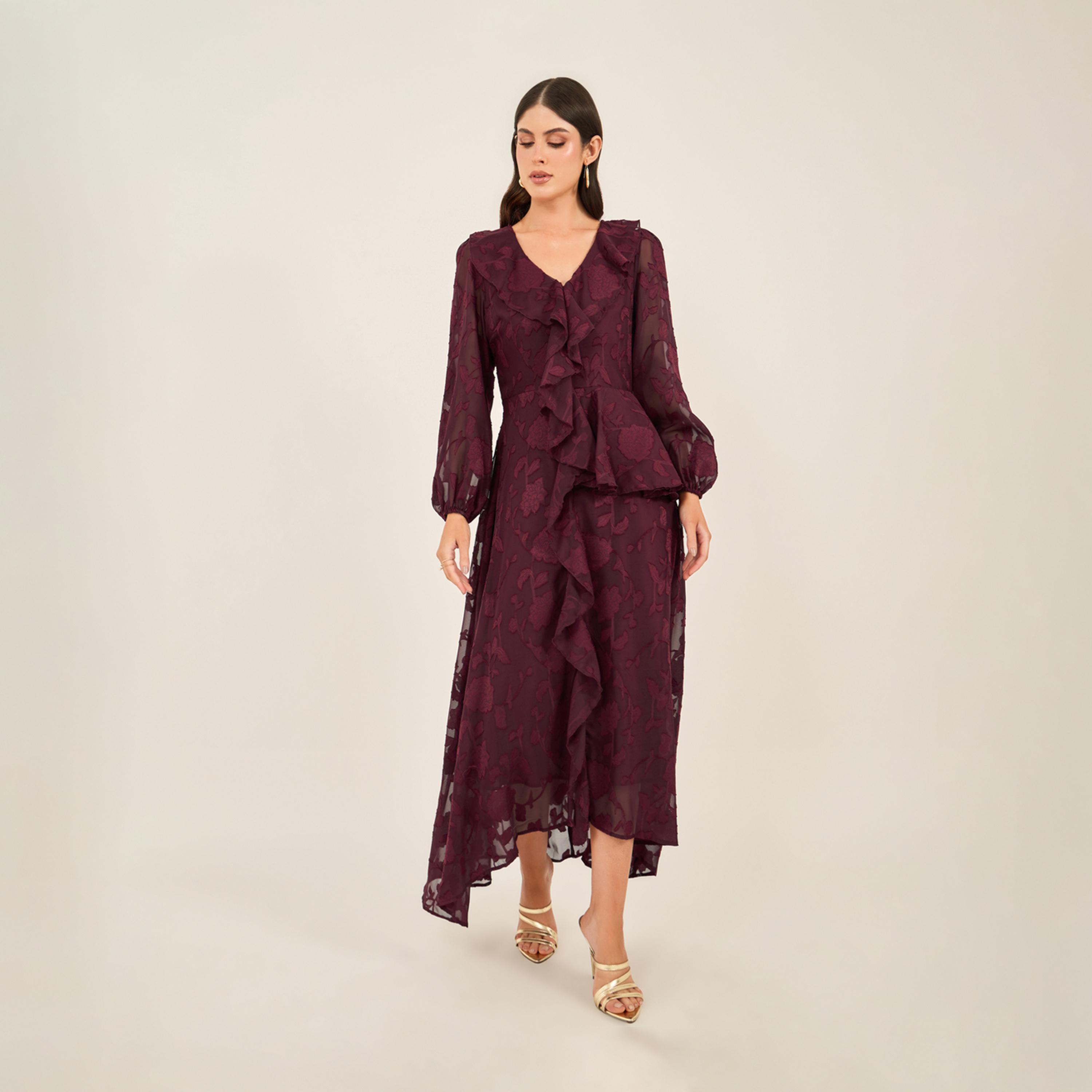 Styli Textured Ruffled Lace Detail A-Line Maxi Dress-women-clothing-dresses-image-2