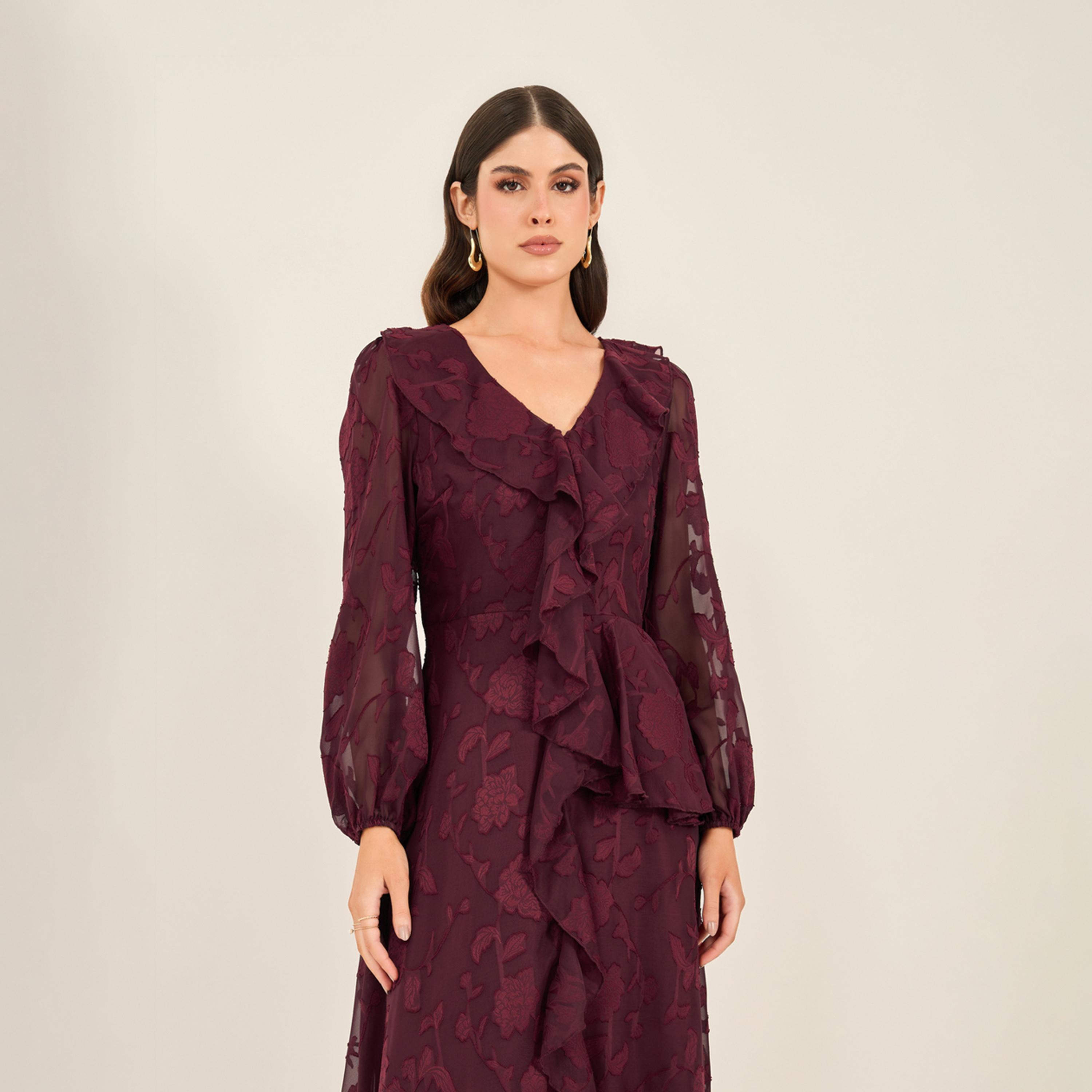 Styli Textured Ruffled Lace Detail A-Line Maxi Dress-women-clothing-dresses-image-3