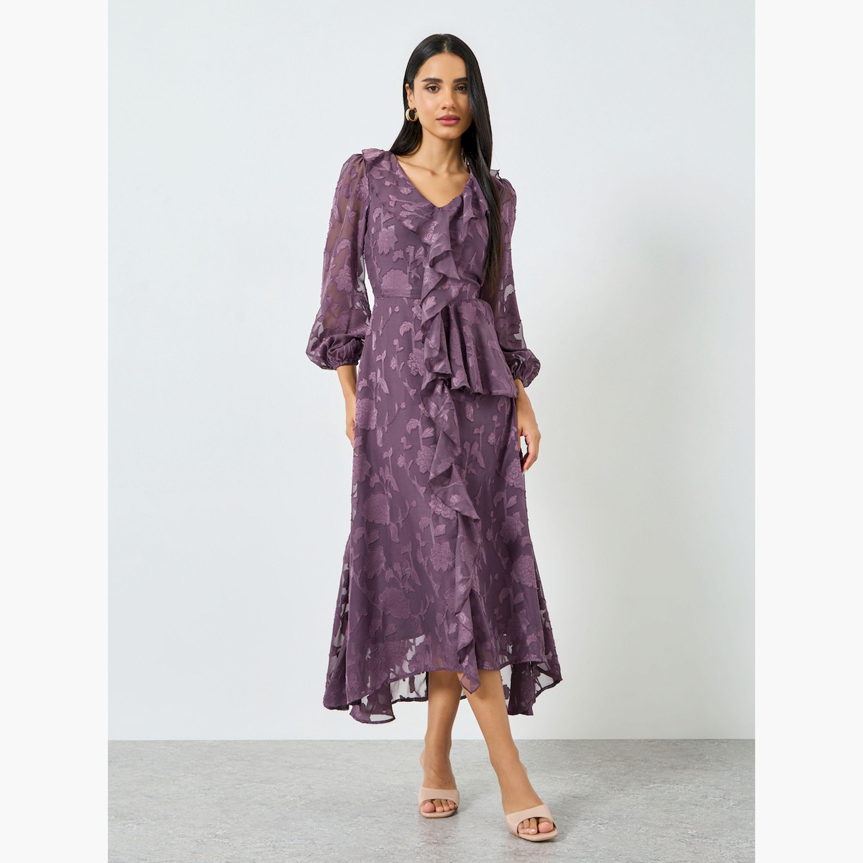 Styli Purple Ruffle Detail Long Sleeves Maxi Dress-women-clothing-dresses-image-1