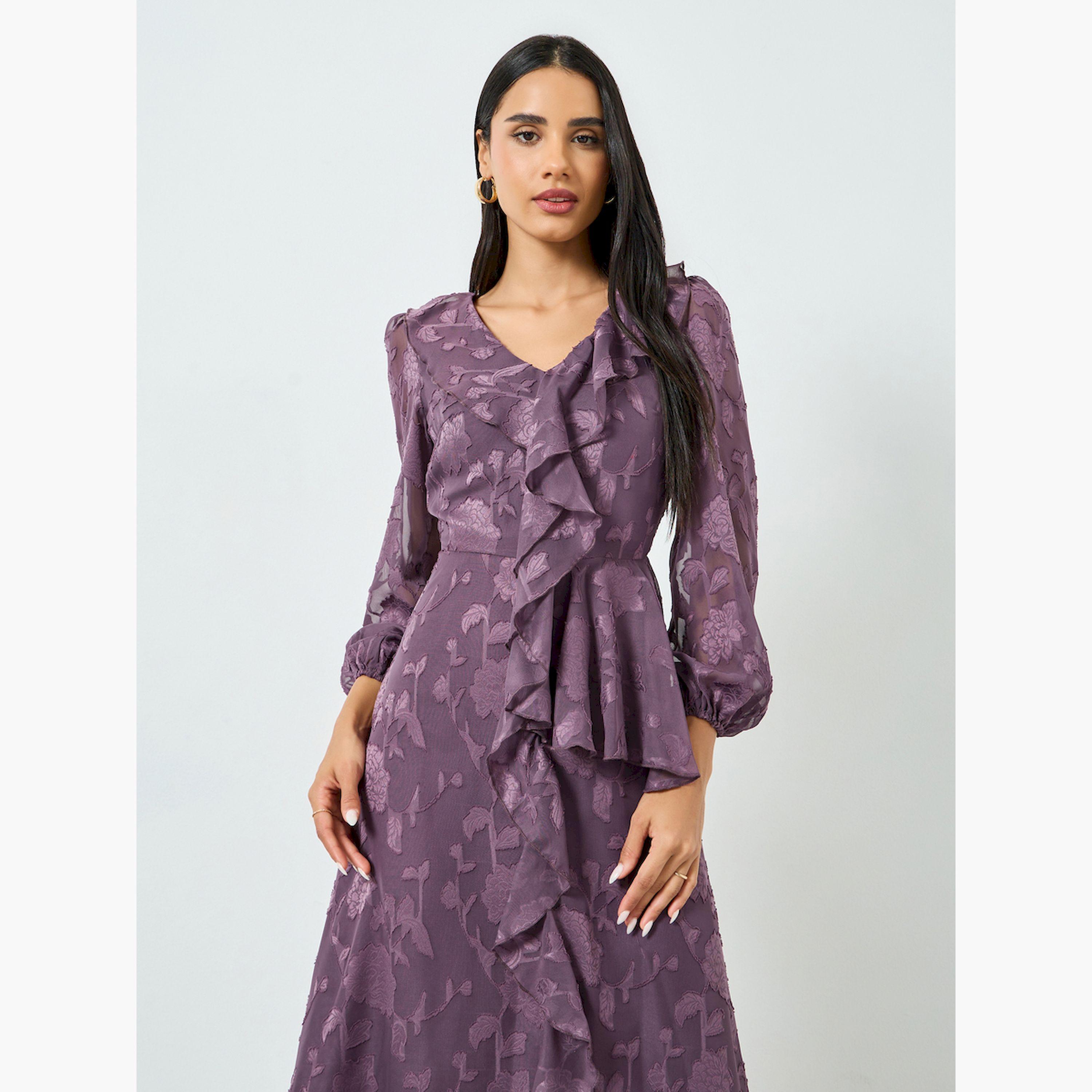 Styli Purple Ruffle Detail Long Sleeves Maxi Dress-women-clothing-dresses-image-2