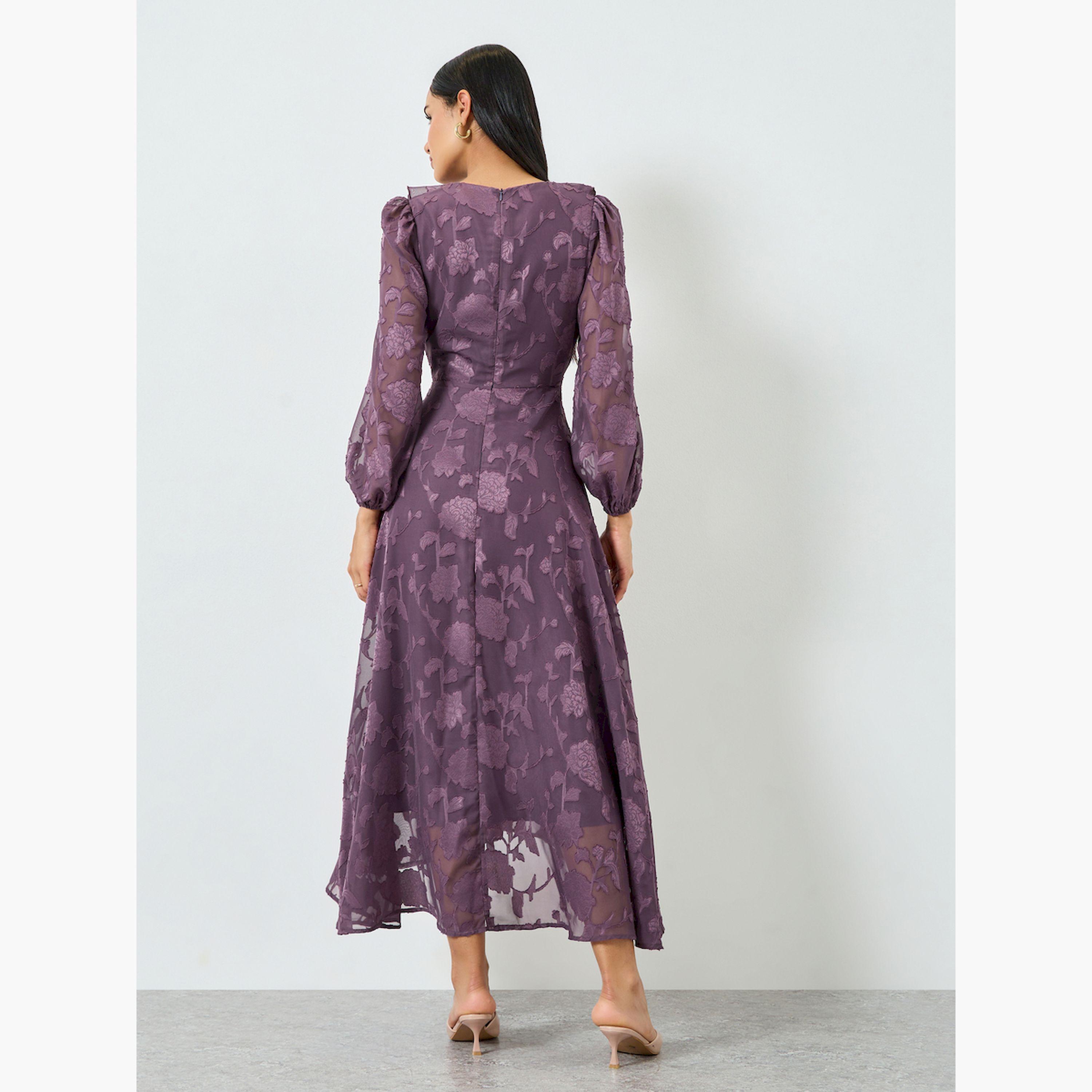 فستان طويل أرجواني بأكمام طويلة وتفاصيل كشكش-women-clothing-dresses-image-4