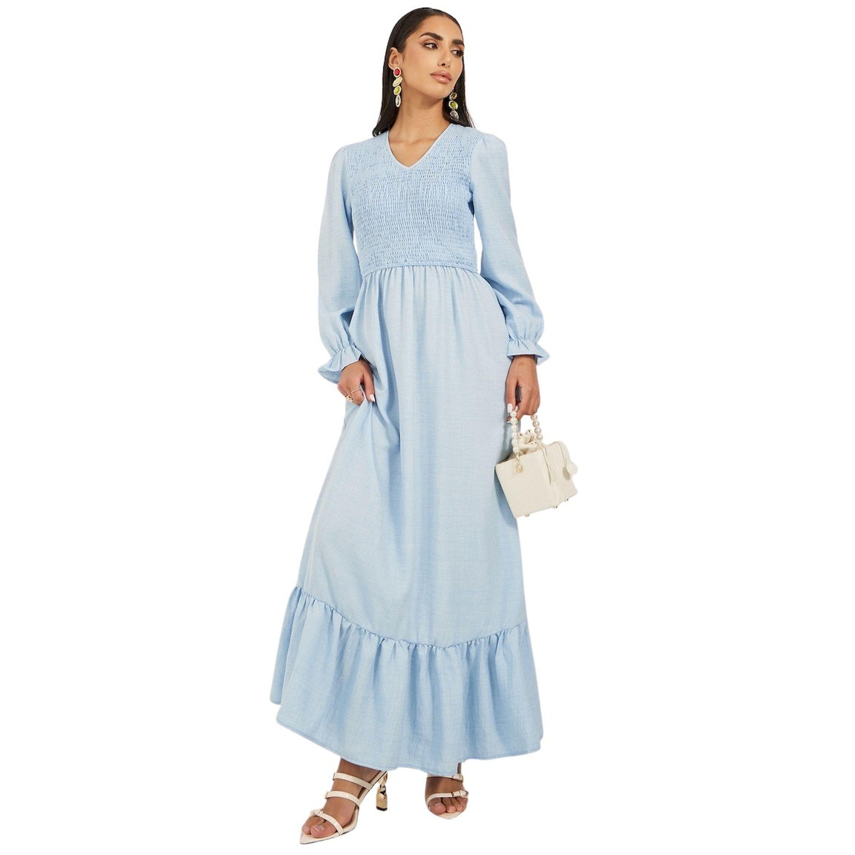 Styli Plain Smocked Long Sleeves A-Line Maxi Dress-women-clothing-dresses-image-1
