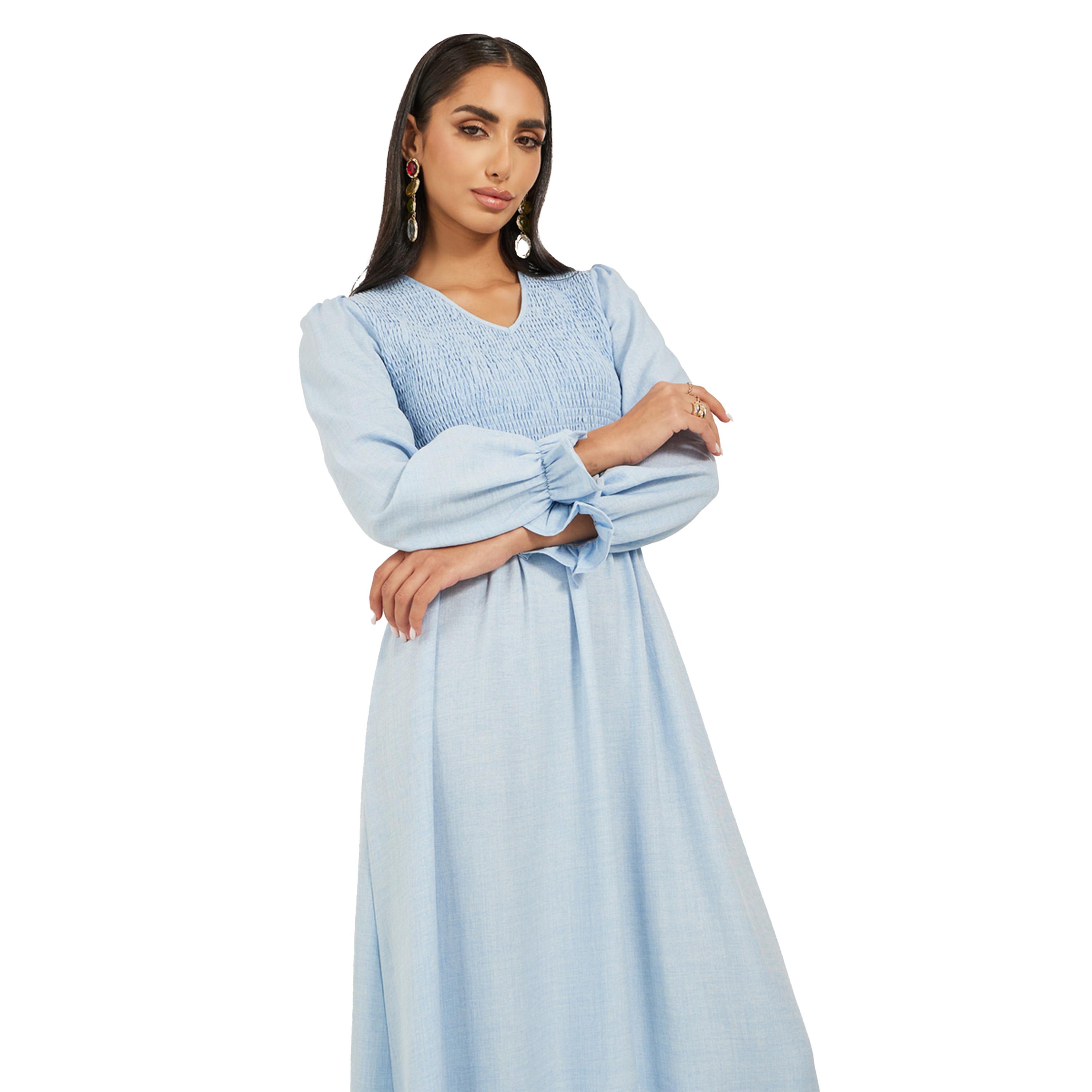 Styli Plain Smocked Long Sleeves A-Line Maxi Dress-women-clothing-dresses-image-3