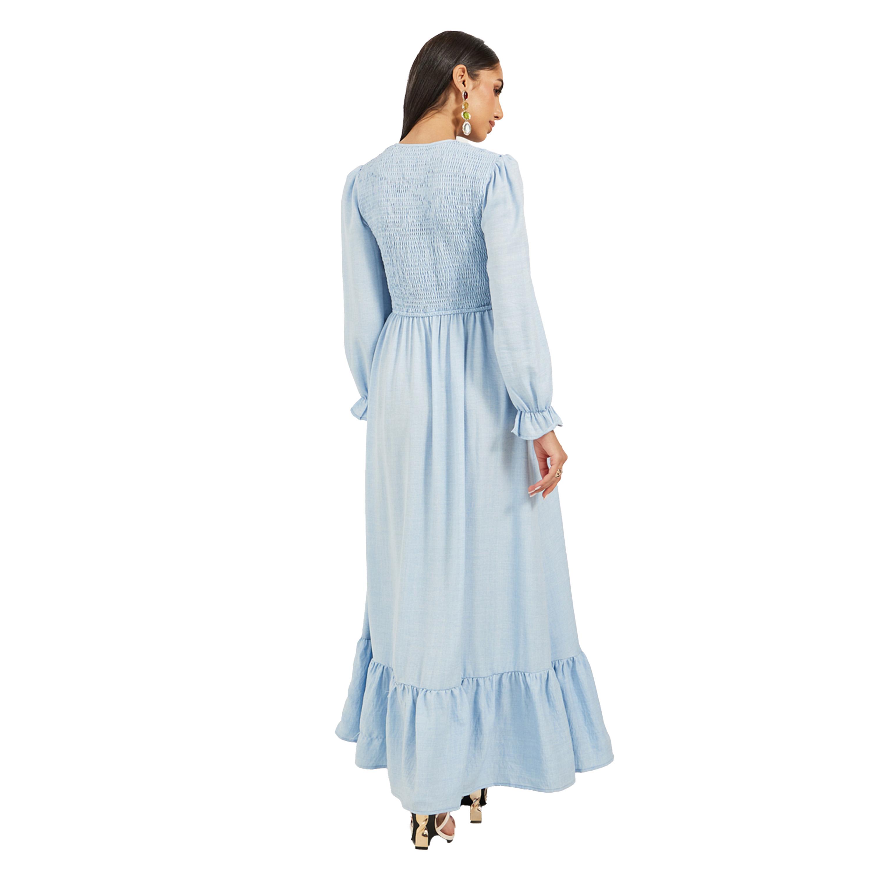 Styli Plain Smocked Long Sleeves A-Line Maxi Dress-women-clothing-dresses-image-5