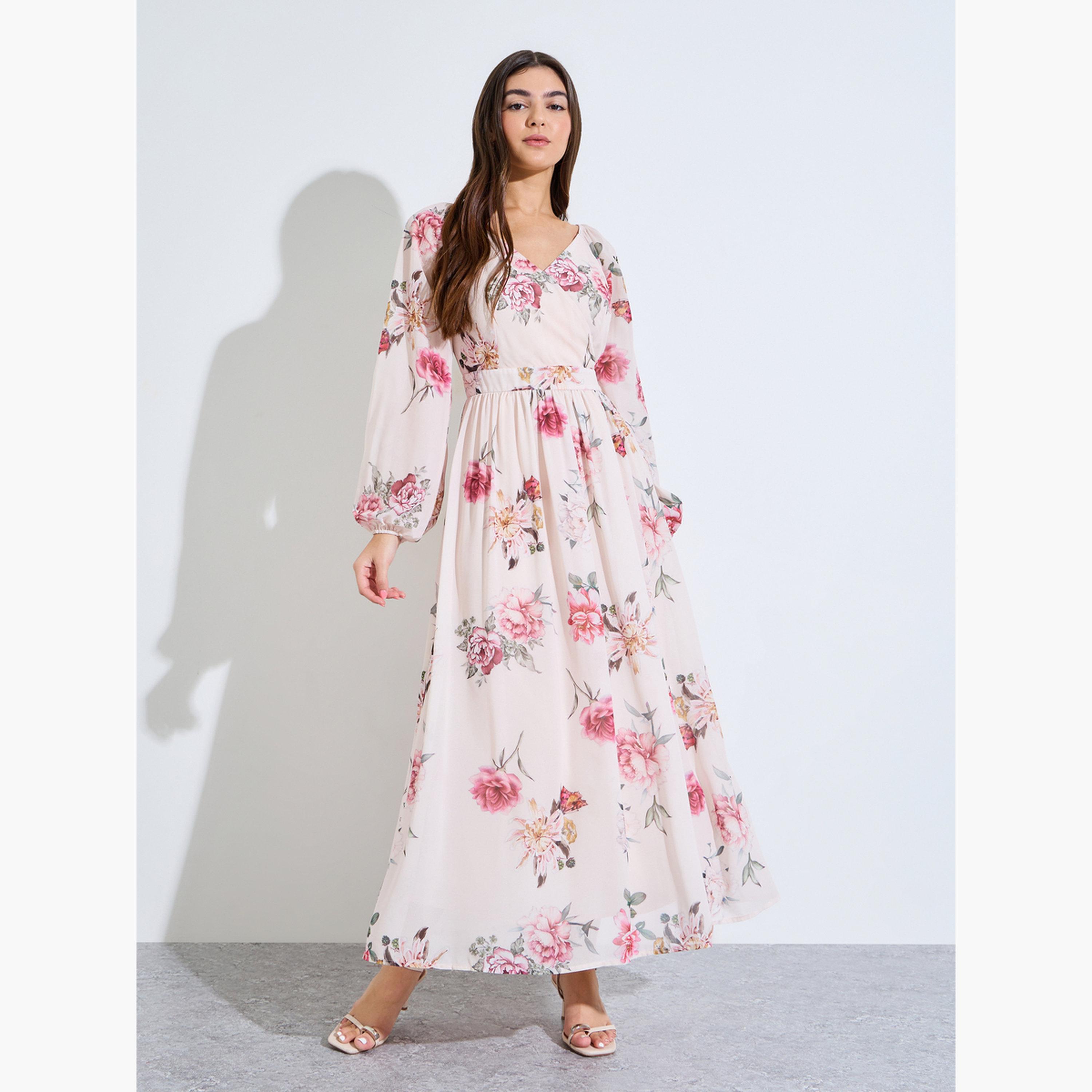 Styli Floral Print Long Sleeves A-Line Maxi Dress-women-clothing-dresses-image-1