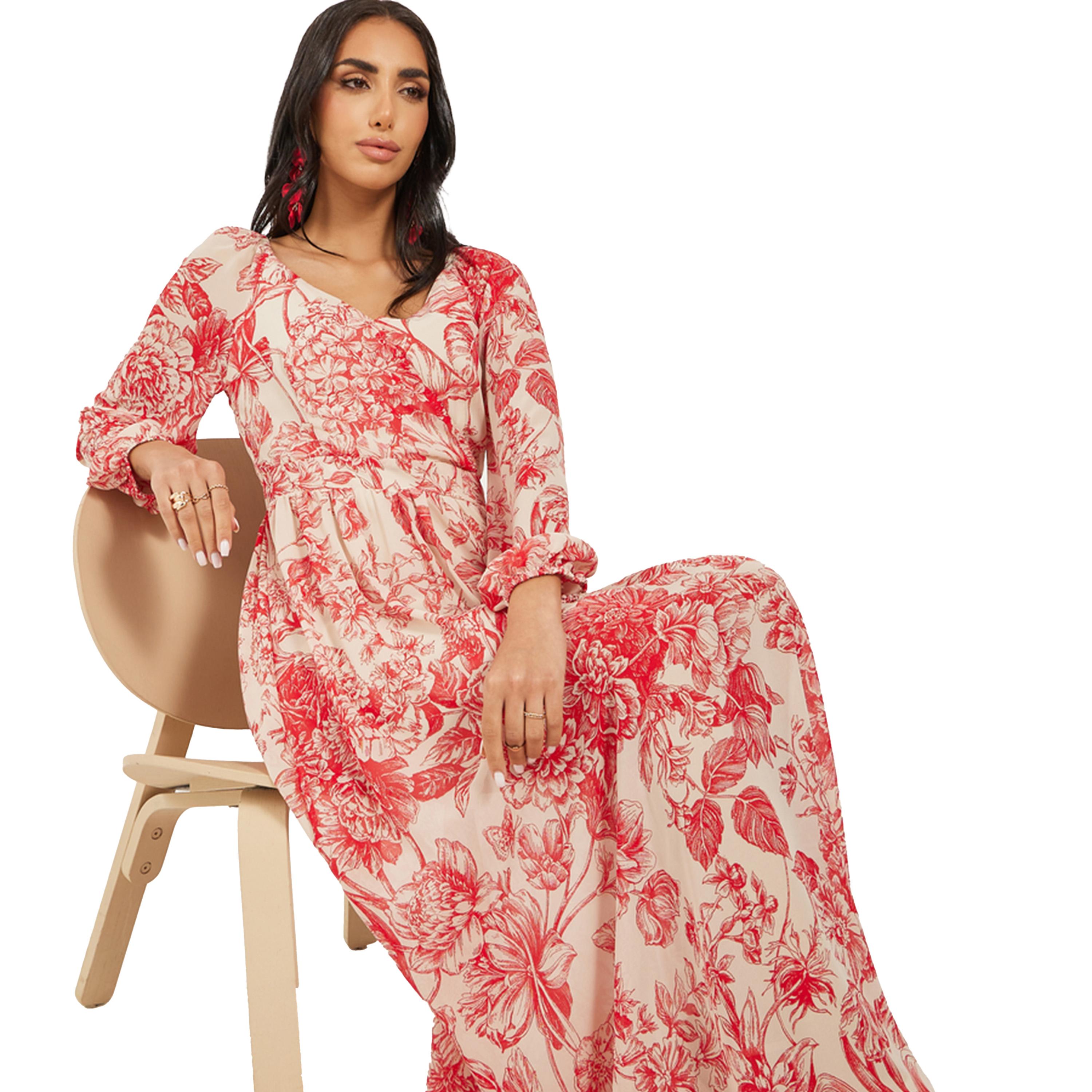 ستايلي - فستان ماكسي بطبعة زهور بأكمام طويلة وقصّة A-women-clothing-dresses-image-1