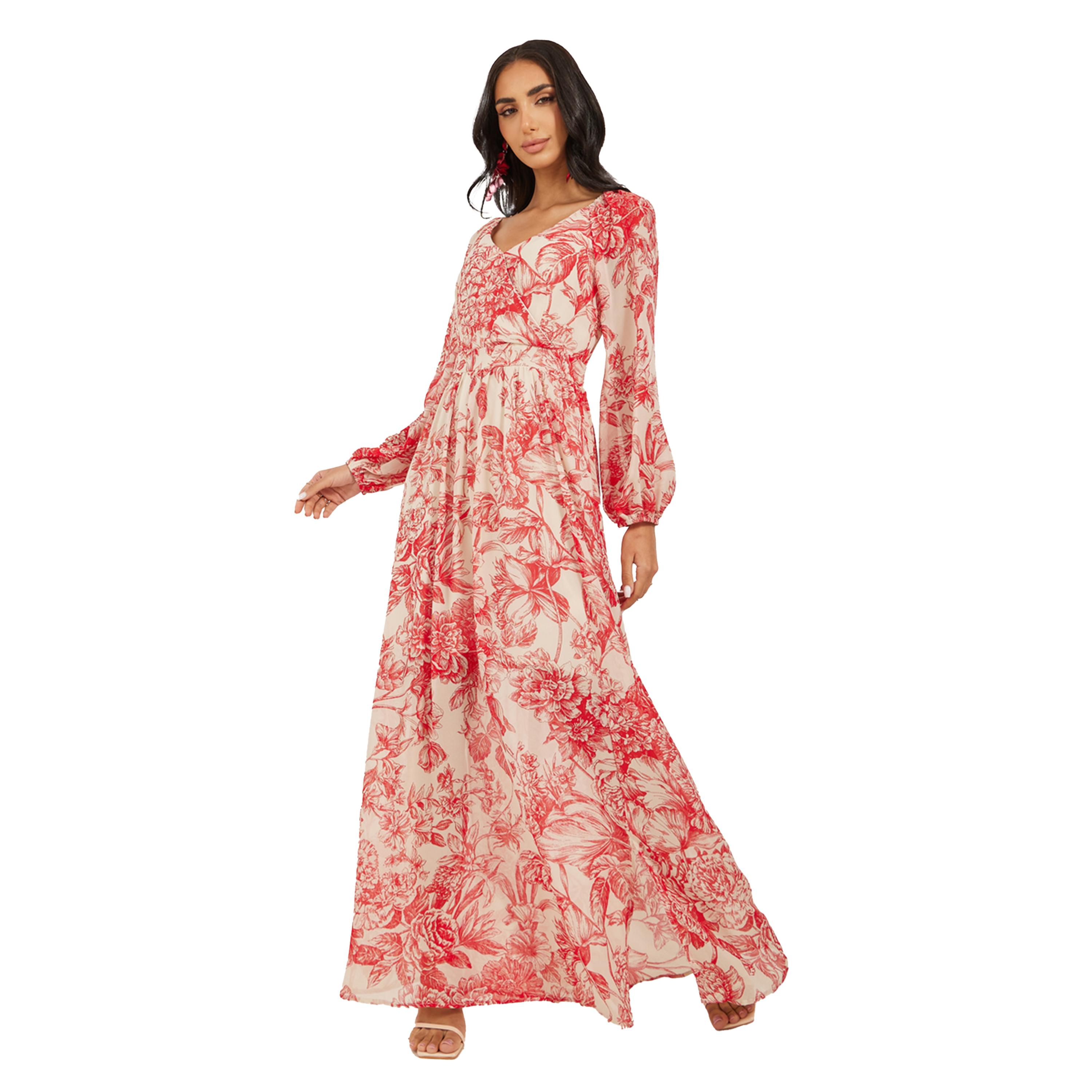 ستايلي - فستان ماكسي بطبعة زهور بأكمام طويلة وقصّة A-women-clothing-dresses-image-2