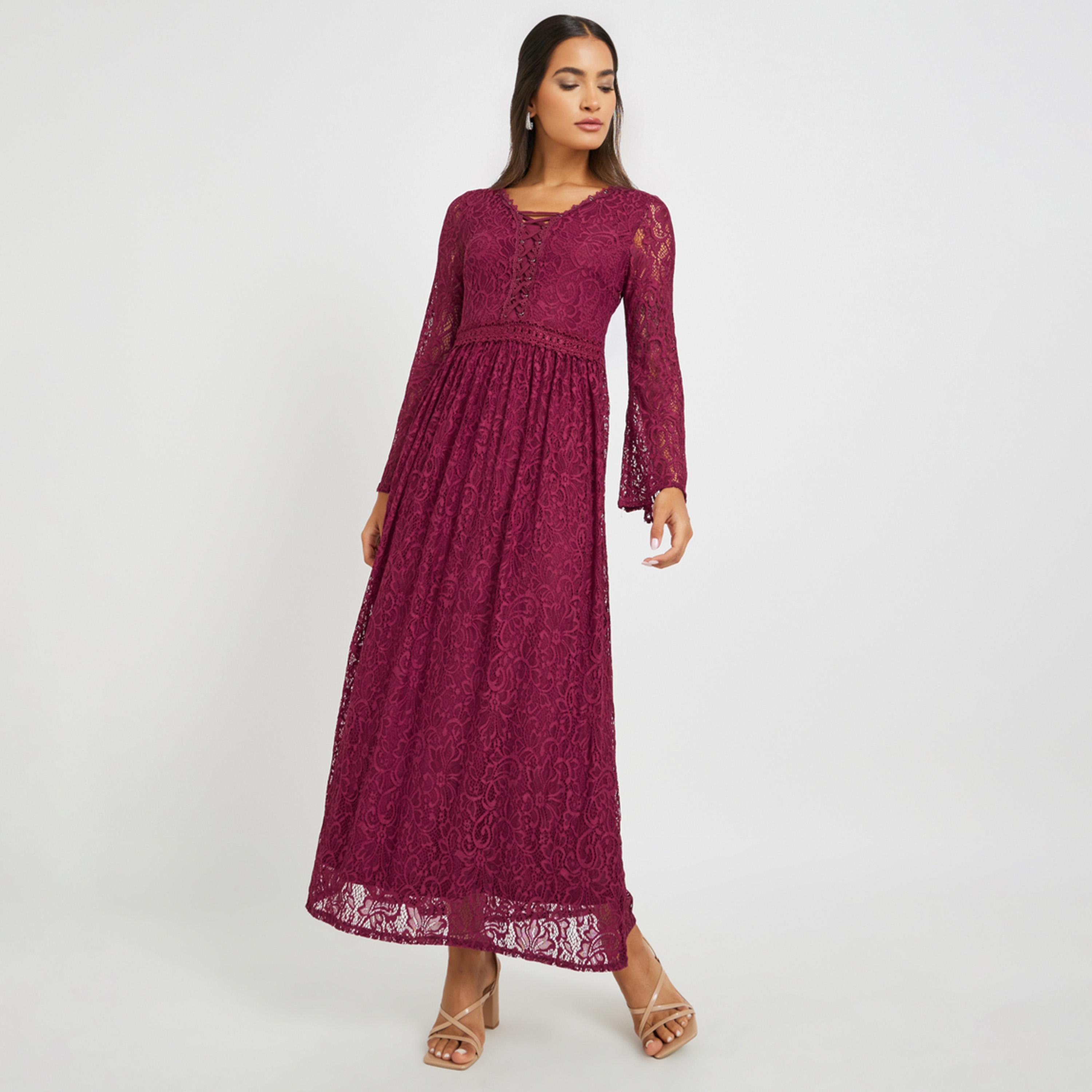 ستايلي - فستان ماكسي بأكمام طويلة من الدانتيل وقصة A-women-clothing-dresses-image-1